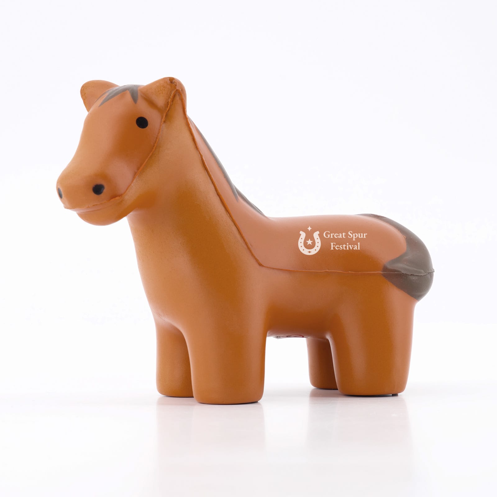 A brown horse-shaped stress reliever with a smooth finish, featuring a logo on its side. Horse Stress Reliever - Image 1