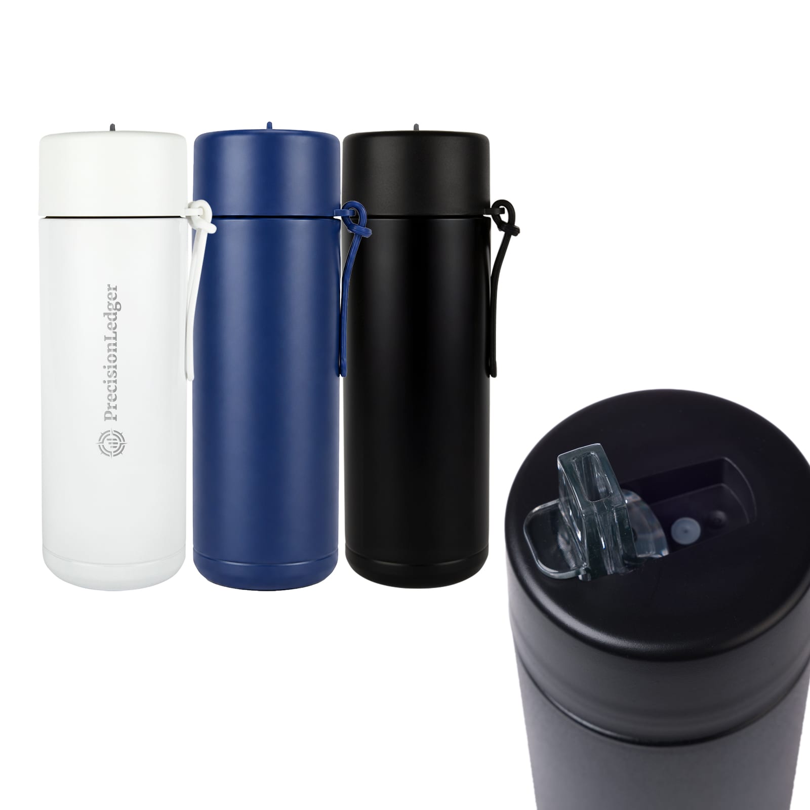 A drink bottle featuring three colours: white, navy blue, and black, with a spout and a carry strap. Zara 600ml Steel Bottle - Image 1