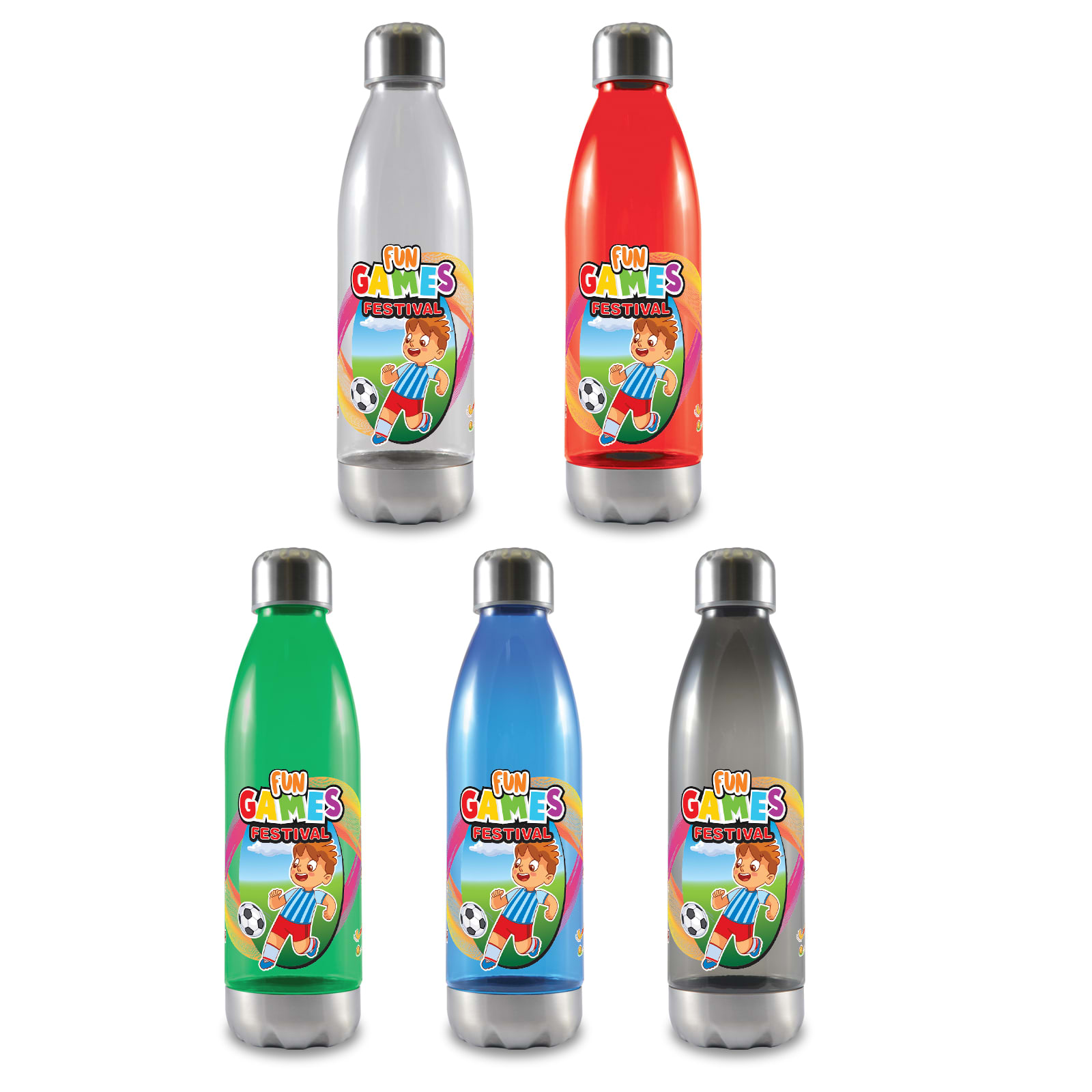 A drink bottle collection featuring silver, red, green, blue, and gray colors, each with a logo. Soda Bottle - Image 1