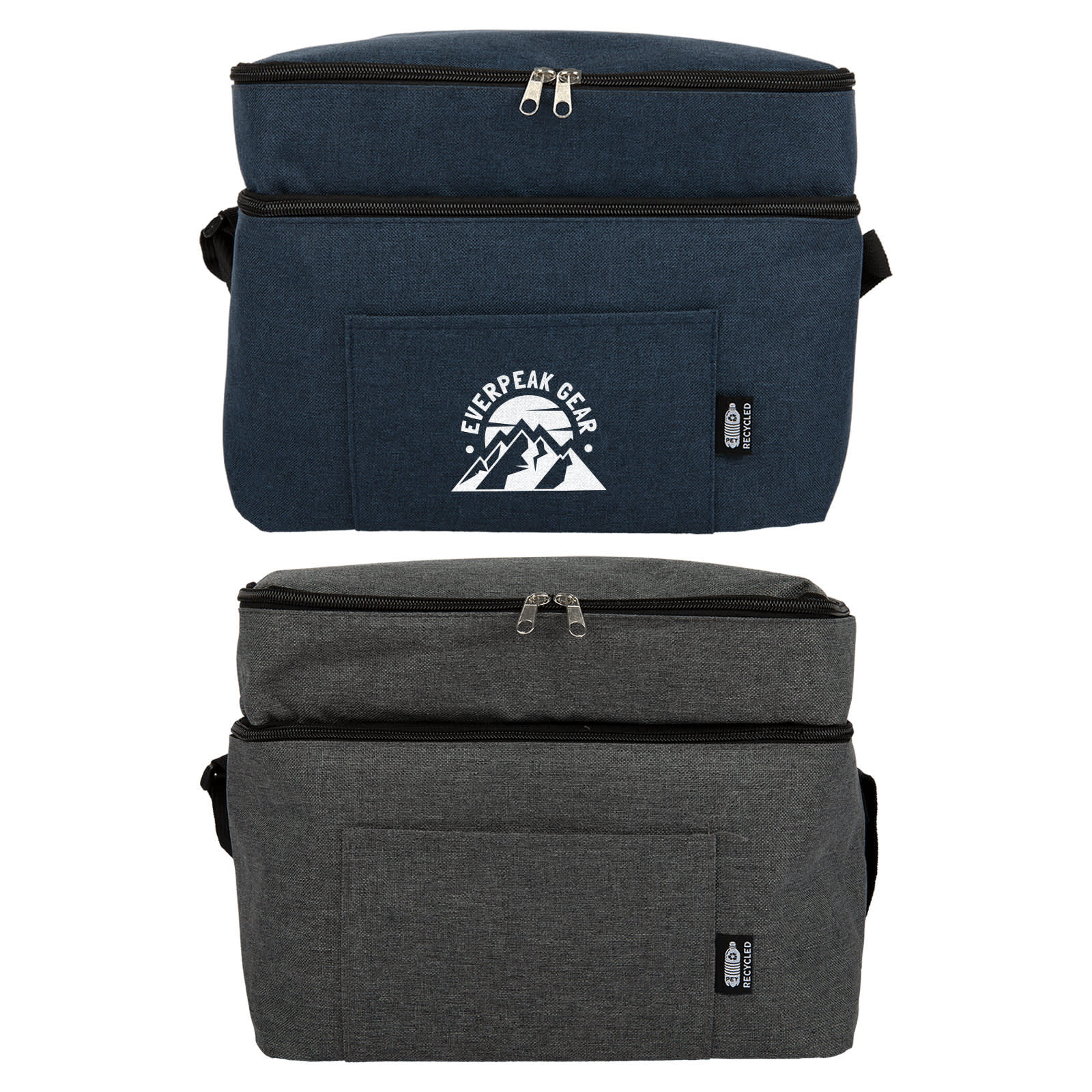 A navy blue and grey cooler bag with a top zipper, featuring a front pocket and a logo. Everest Duo Cooler Bag - Image 1