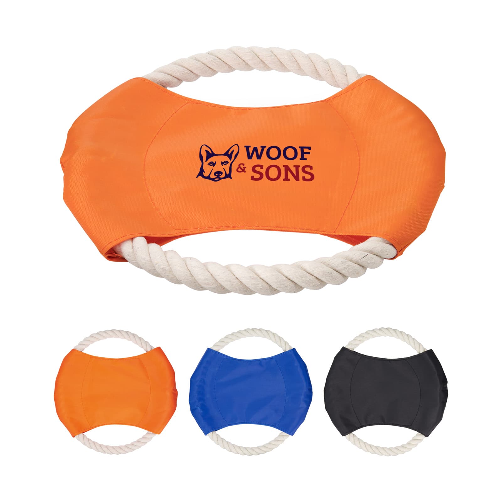An orange dog toy with a rope handle, featuring a logo. Available in orange, blue, and black variations. Zoomy Dog Toy - Image 1