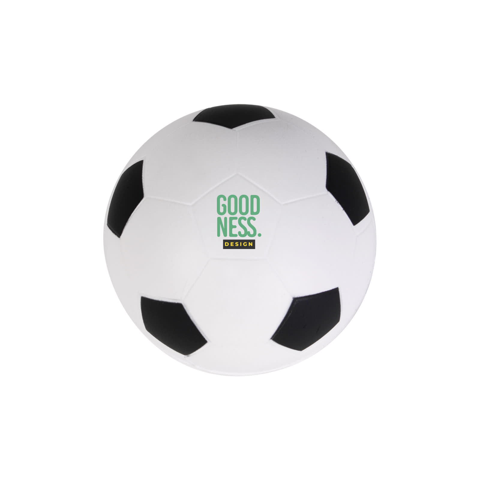 A white soccer ball stress reliever with black patches and a logo on one side. Soccer Ball Stress Reliever - Image 1