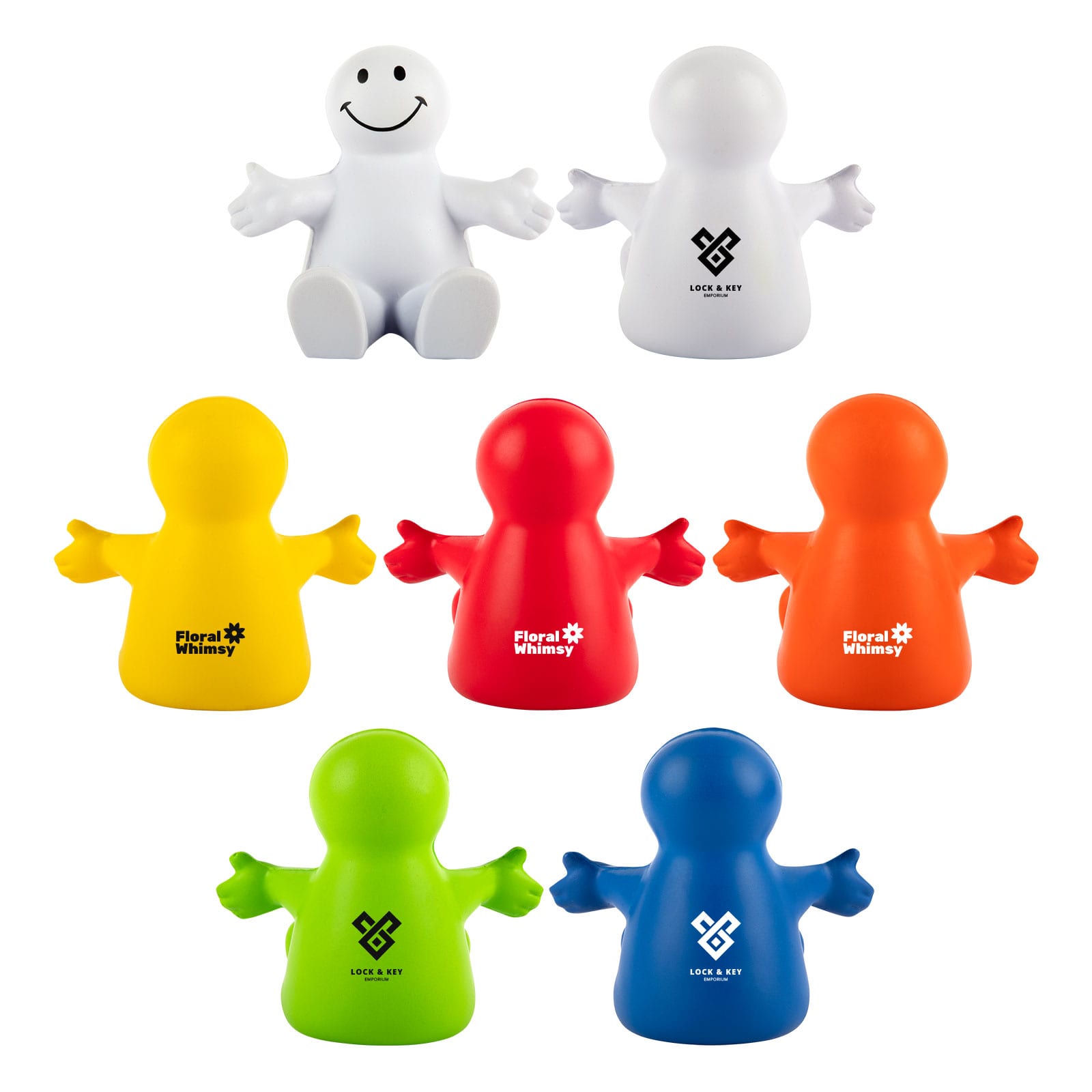 A collection of stress relievers shaped like characters in white, red, orange, yellow, green, and blue, with various logos. Smiley Phone Chair Stress Reliever - Image 1