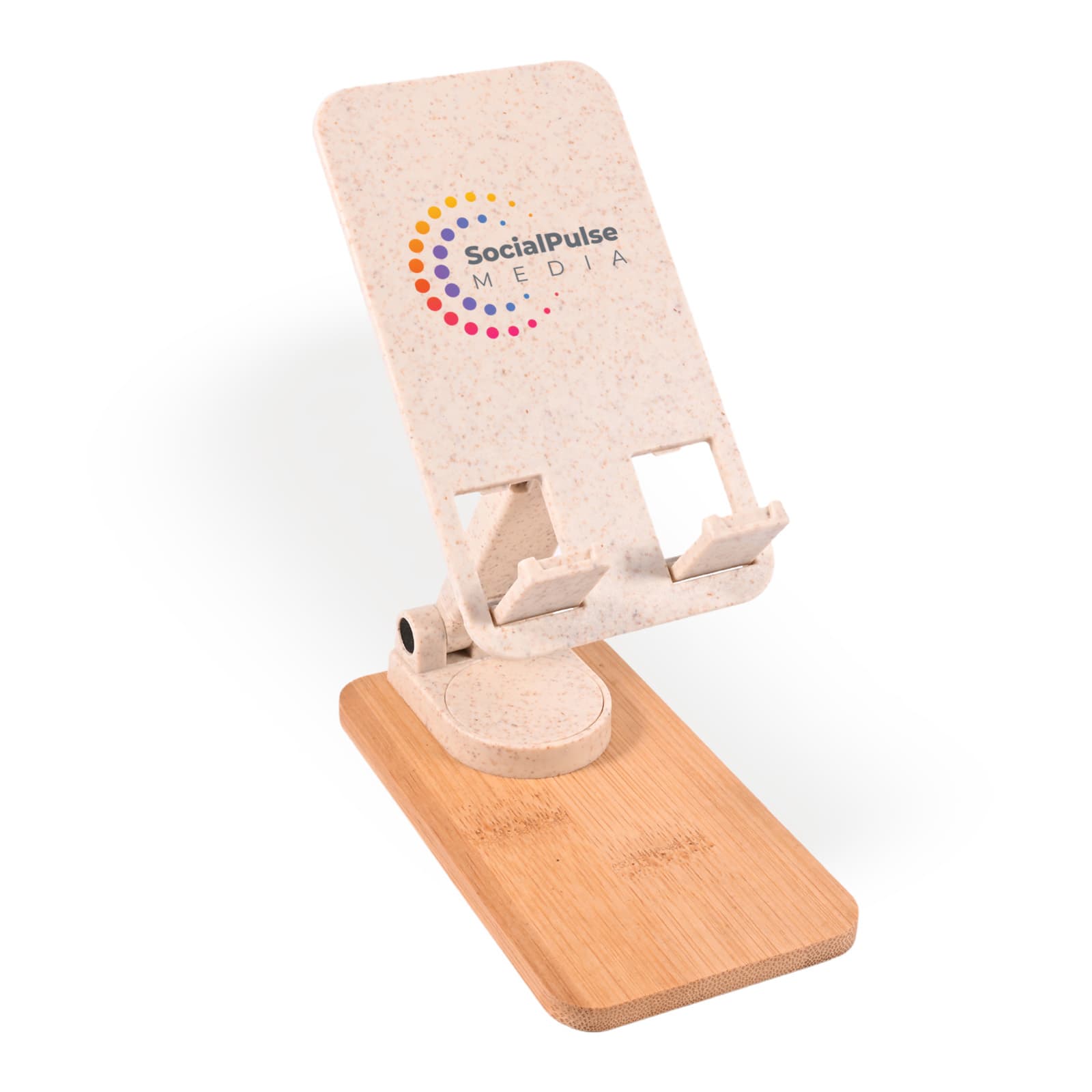 A phone stand featuring a light-colored base with a natural wood finish and an adjustable holder. It has a logo on the front. Whyalla Phone Stand - Image 1