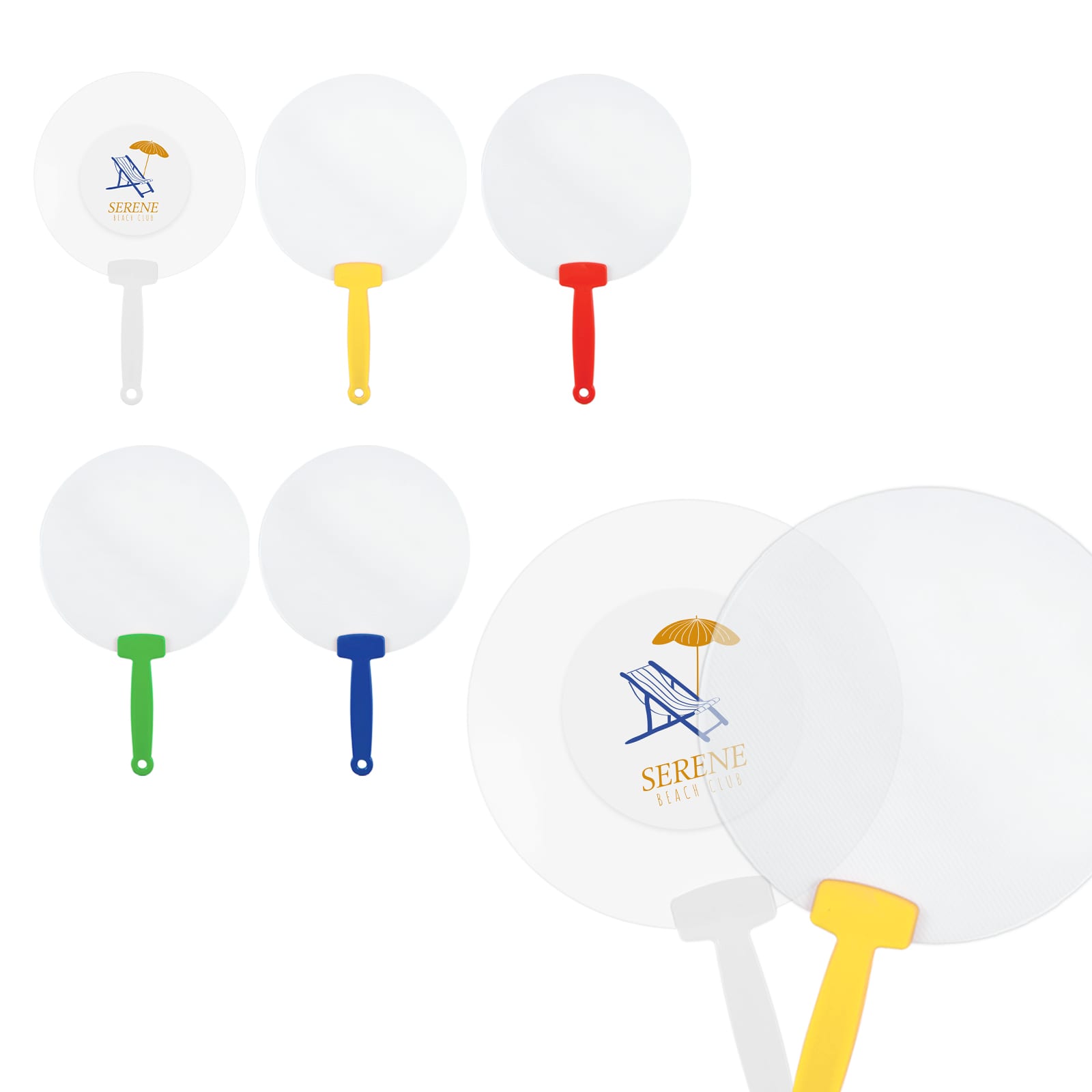 A set of six circular fans with white surfaces and handles in blue, yellow, and red. Each fan features a logo. Blast Fan - Image 1