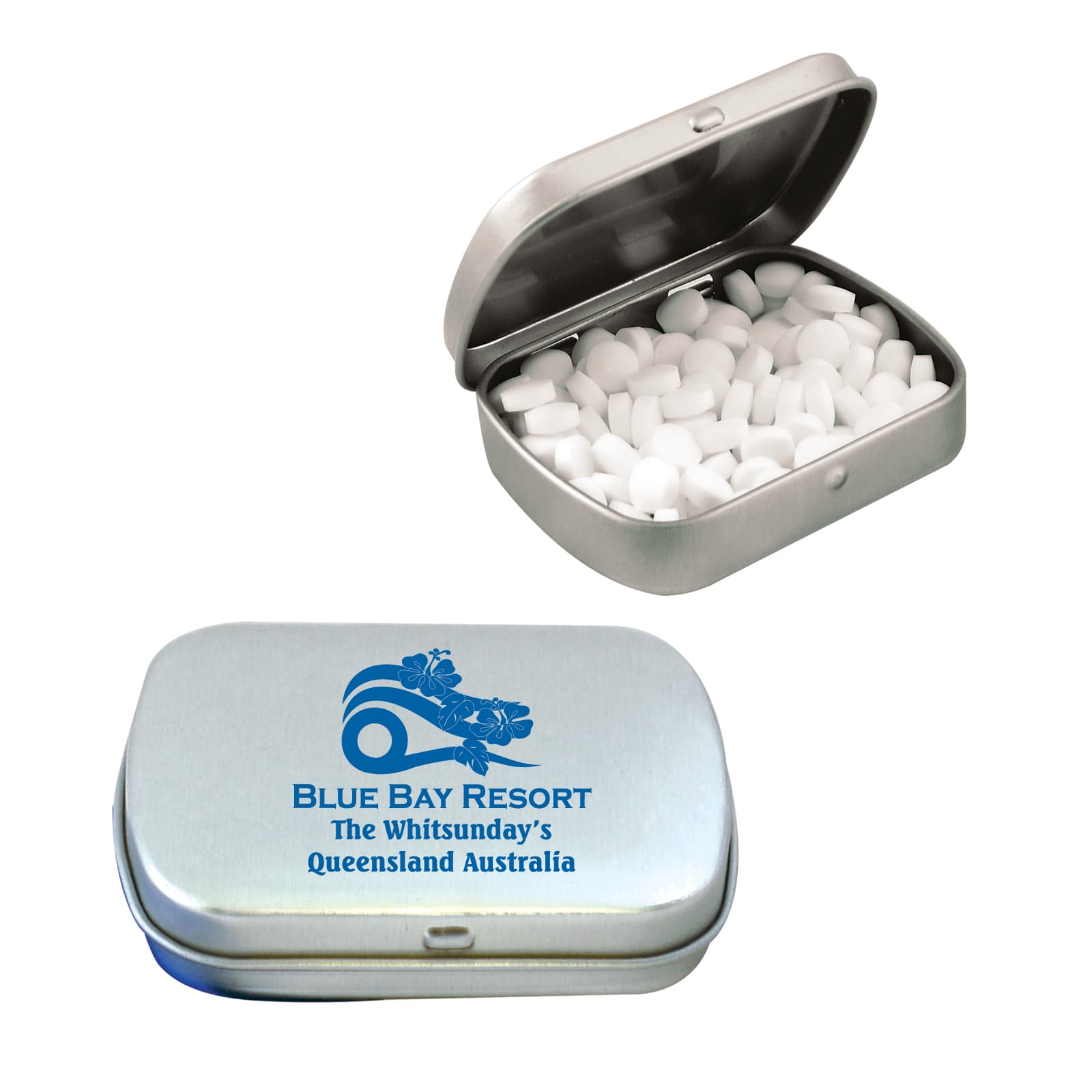 A silver tin containing white sugar-free breath mints, featuring a logo on the lid. Sugar Free Breath Mints in Silver Tin - Image 1