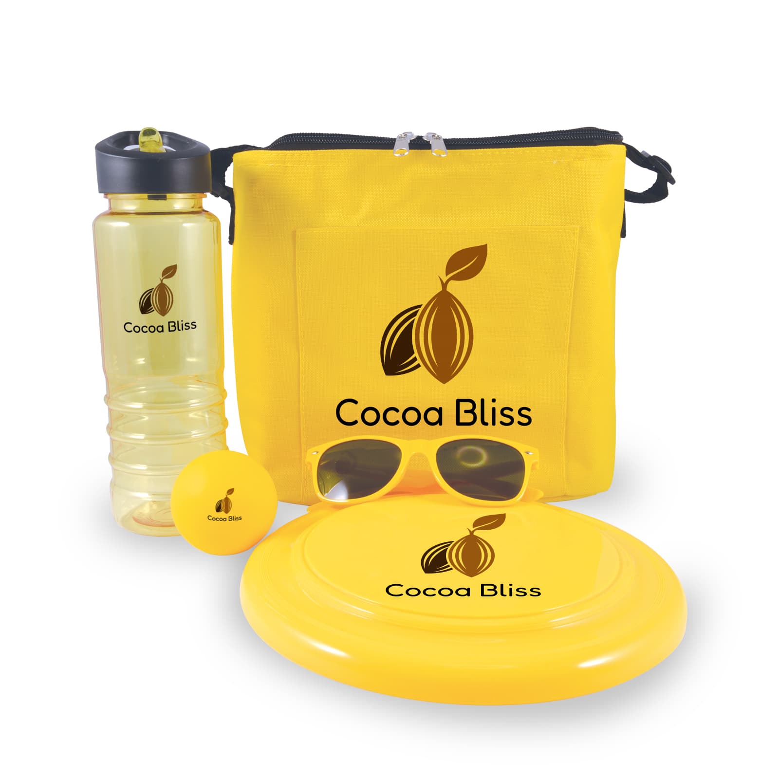 A yellow cooler bag with a drink bottle, frisbee, ball, and sunglasses, all featuring a logo. Bondi Beach Pack - Image 1