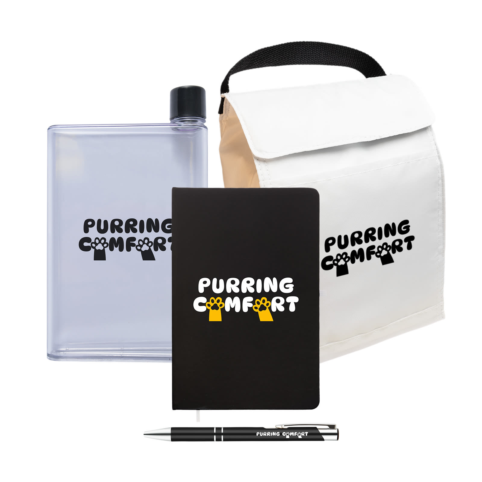 A drink bottle, a black notebook, a pen, and a cooler bag, all featuring the logo "PURRING COMFORT." Office Pack - Image 1