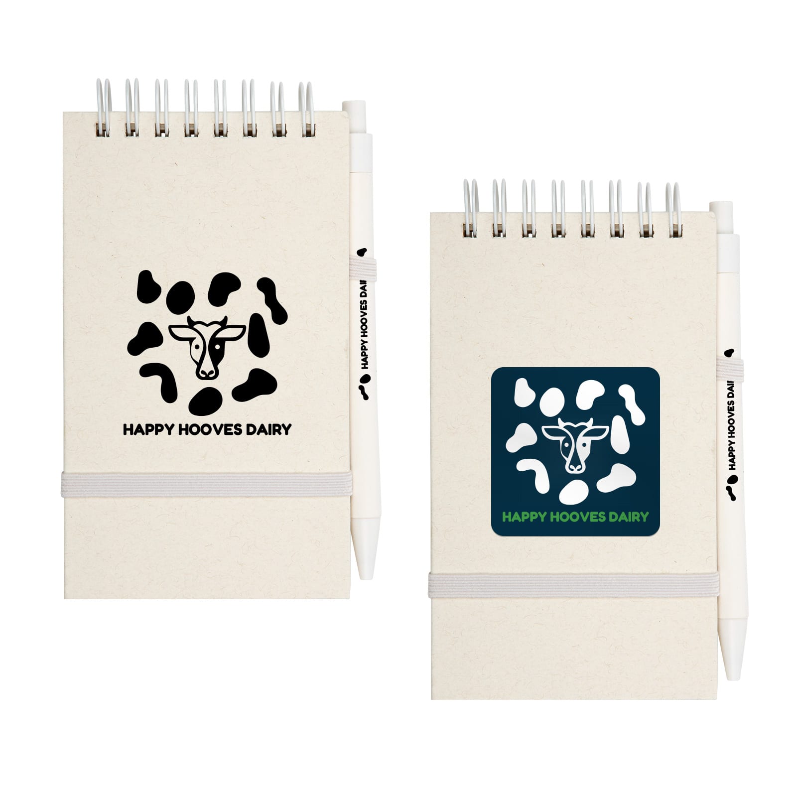 A notepad with a cow pattern cover, featuring a white pen attached, in light and dark colors. Milko Notepad With Pen - Image 1