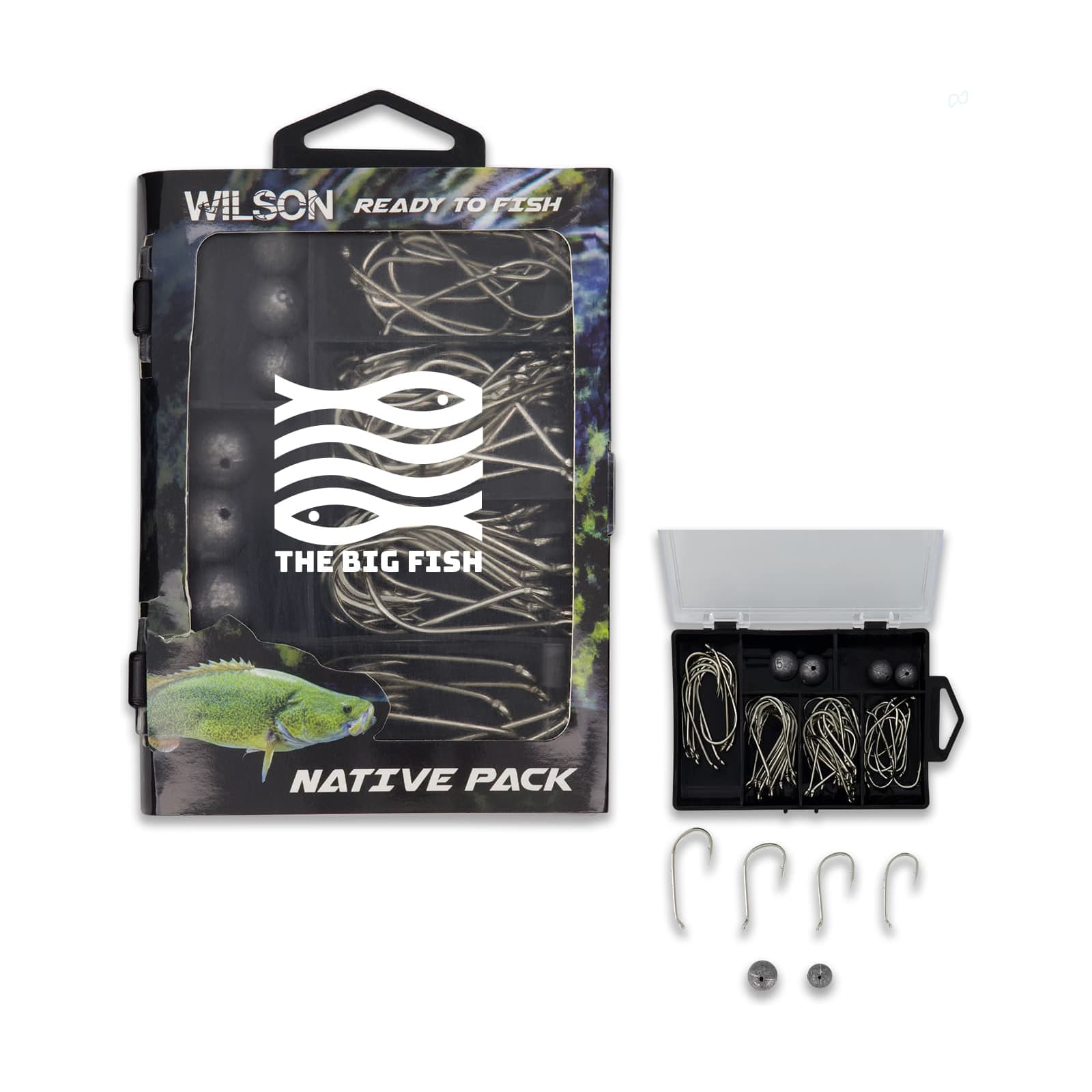 A fishing tackle kit in a black box containing hooks and weights, featuring a logo and a fish design. Wilson Fishing Tackle Kit - Image 1