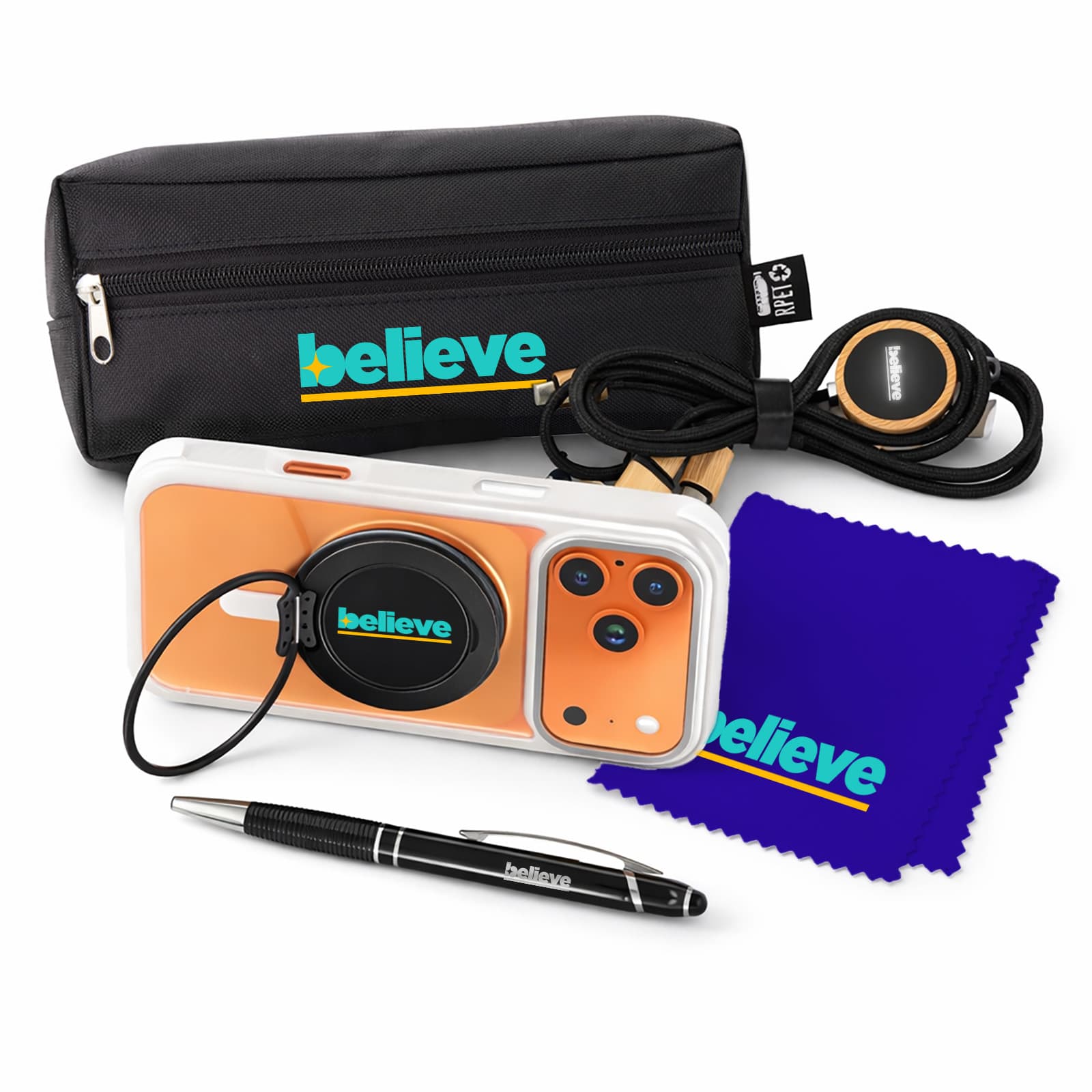 A black tech pack containing headphones, a smartphone, a cleaning cloth, and a pen with branding. Tech Pack Essential - Image 1