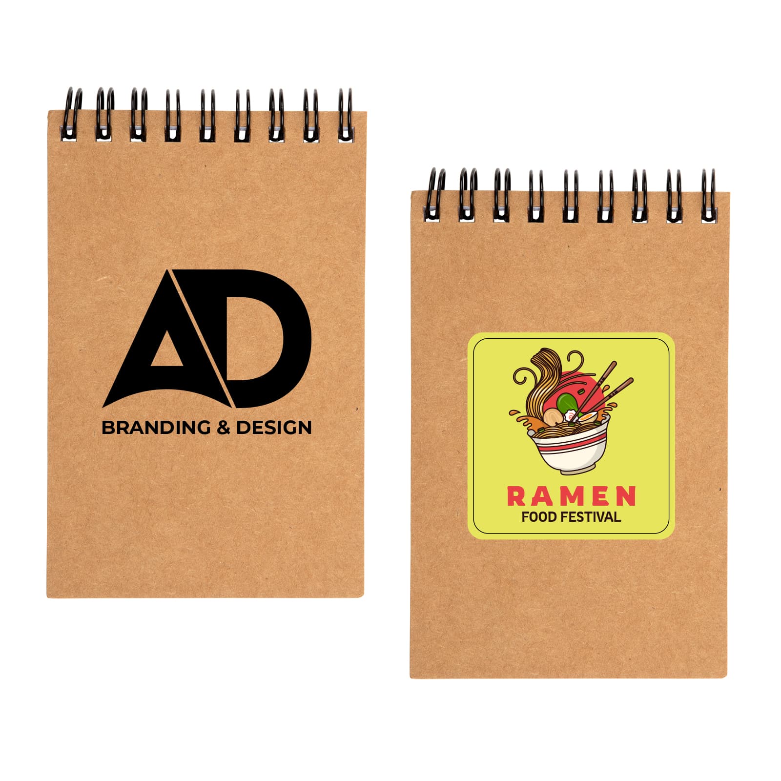 A brown spiral pocket notebook with a logo on one side and a colorful food festival design on the other. Survey Spiral Pocket Notebook - Image 1