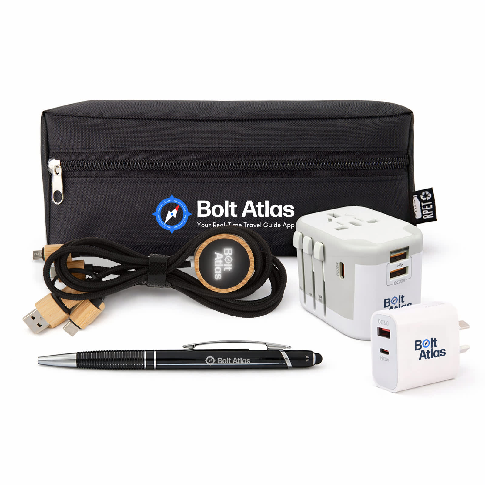 A black zip-up pouch containing a charging cable, pen, multi-port charger, and wall adapter. The pouch features a logo. Tech Pack Power - Image 1