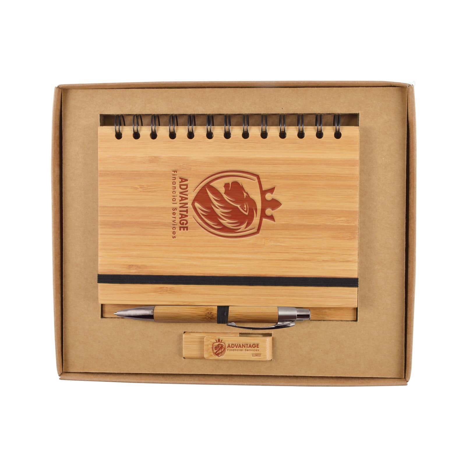 A bamboo notebook with a spiral binding, a pen, and a wooden USB drive, all presented in a cardboard gift box. Sephora Cardboard Gift Set - Image 1