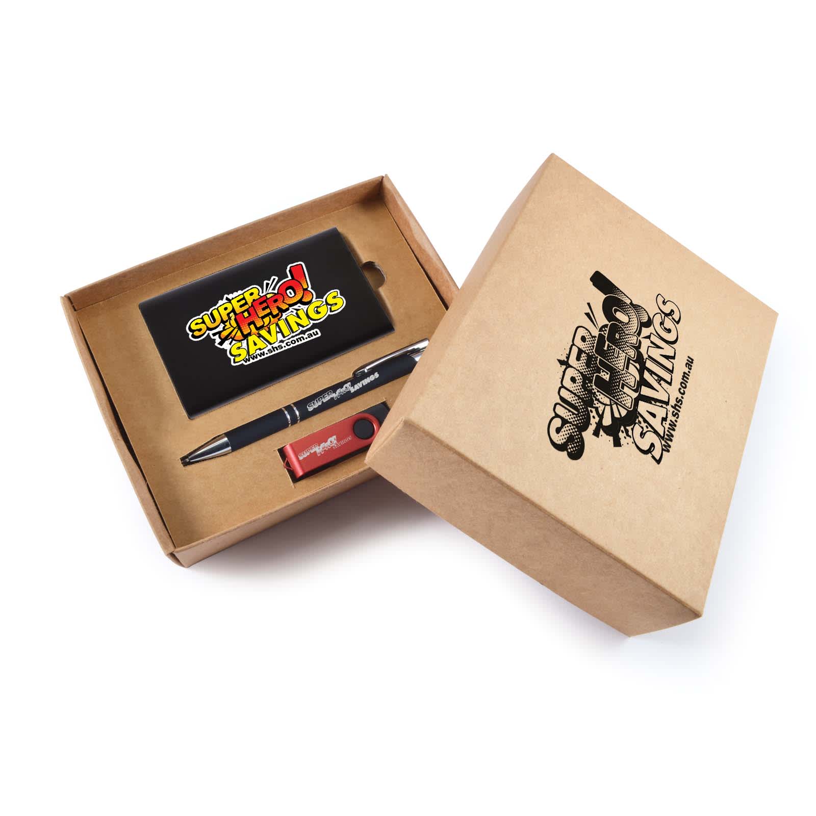 A gift set featuring a notebook, a pen, and a USB drive, all presented in a cardboard box with colorful branding. Quay Cardboard Gift Set - Image 1