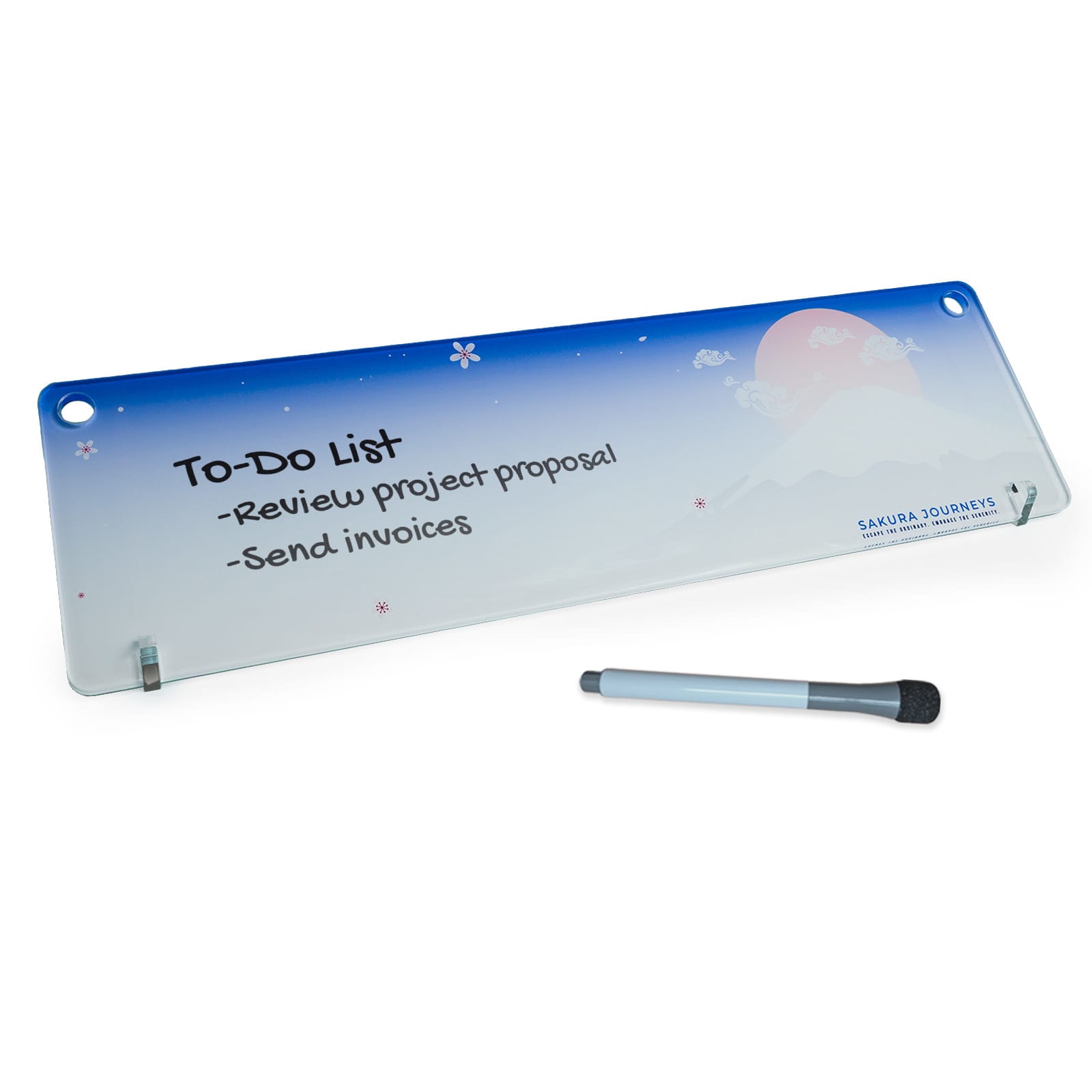 A clear acrylic to-do list board with a blue gradient, featuring a marker and a mounting hole. NoteMaster - Image 1