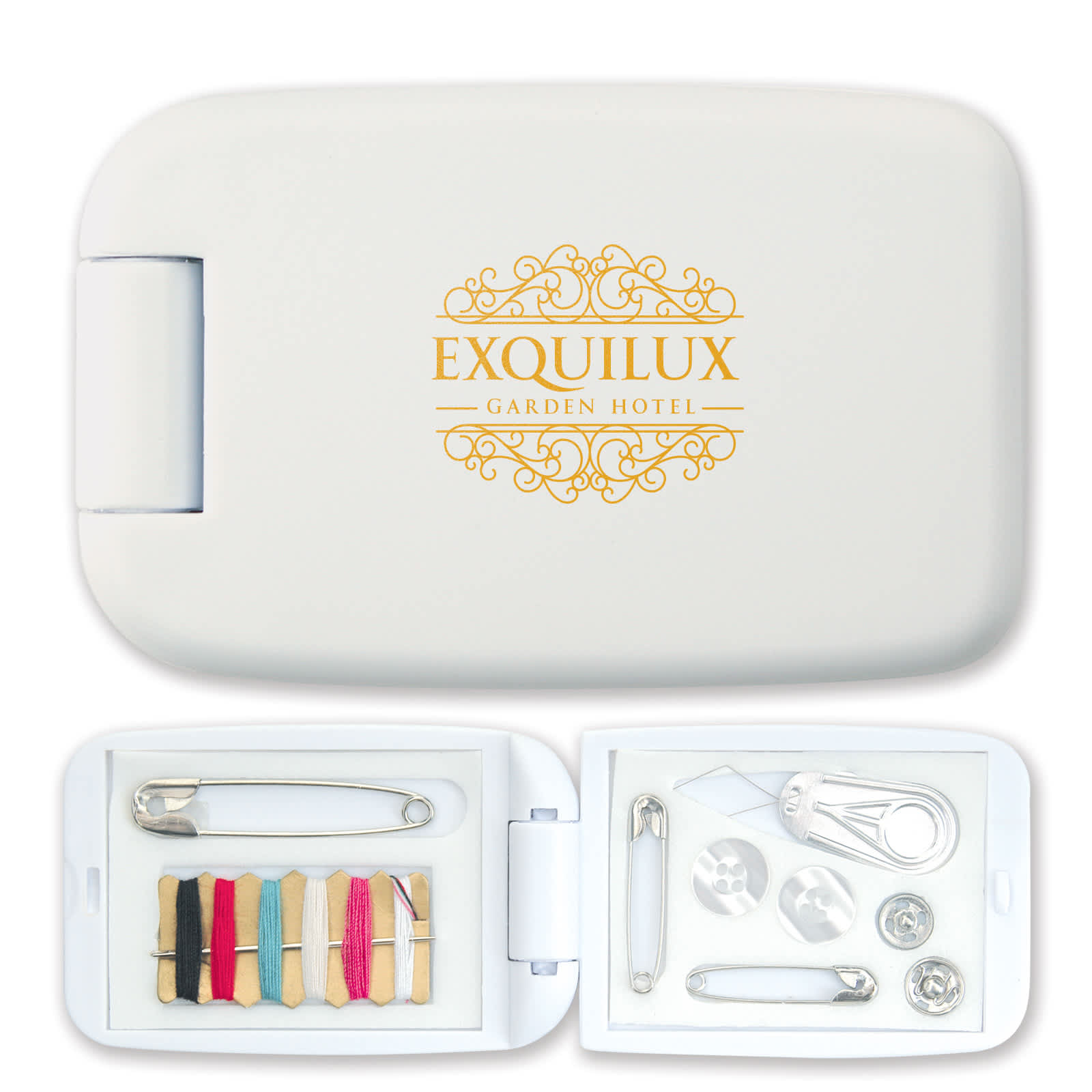 A white sewing kit containing threads, buttons, safety pins, and a needle, with a logo on the exterior. Stitch-In-Time Sewing Kit - Image 1