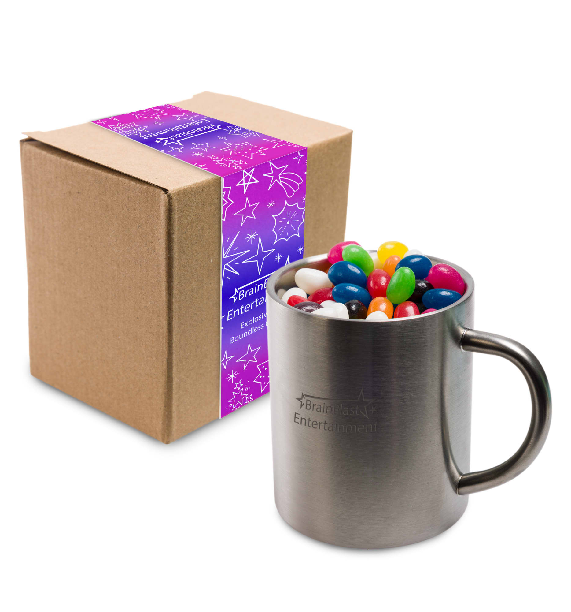 A Java mug filled with assorted color mini jelly beans, placed next to a packaged box. Assorted Colour Mini Jelly Beans in Java Mug - Image 1