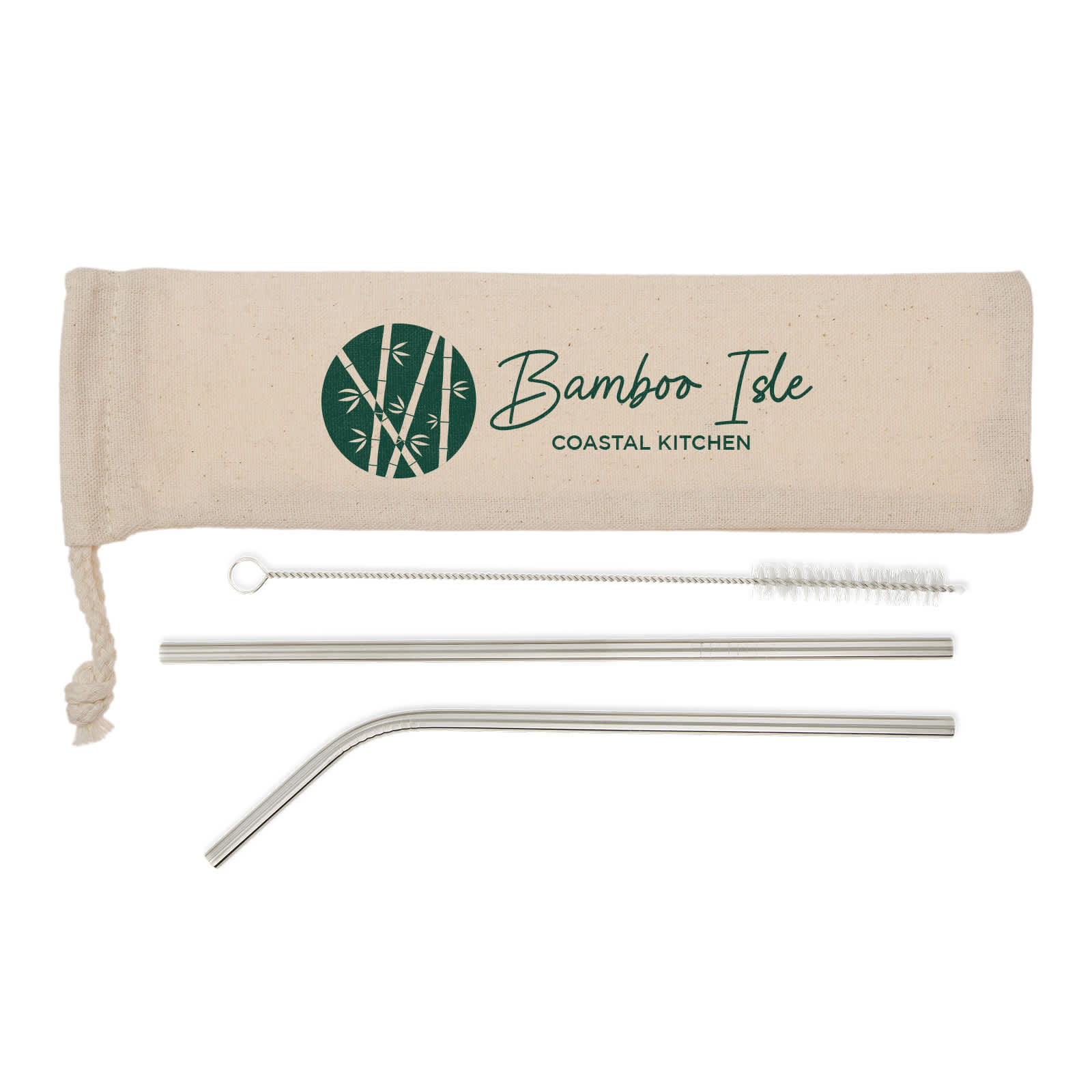 A pouch containing a stainless steel straw, a curved straw, and a cleaning brush, all in natural tones with a logo. Mojito Straw Set - Image 1
