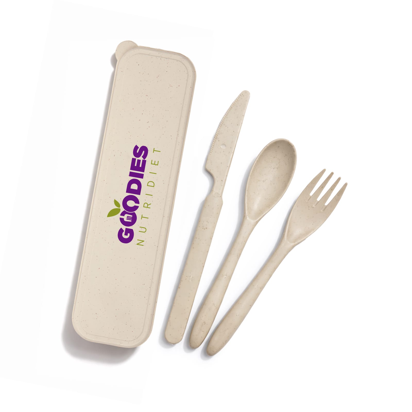 A cutlery set in a cream case, including a knife, fork, and spoon. The case features a logo. Delish Eco Cutlery Set - Image 1