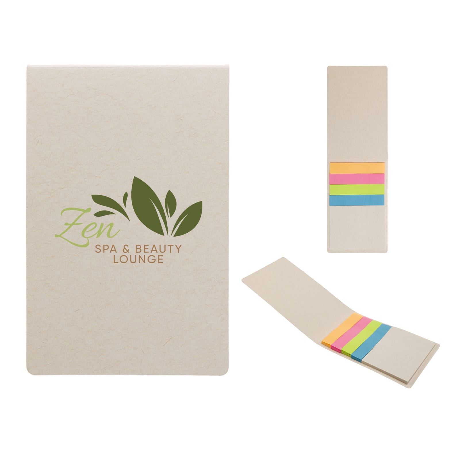A tan sticky note pad with a logo, featuring colorful sticky flags in pink, orange, yellow, and green. Jersey Sticky Notes - Image 1