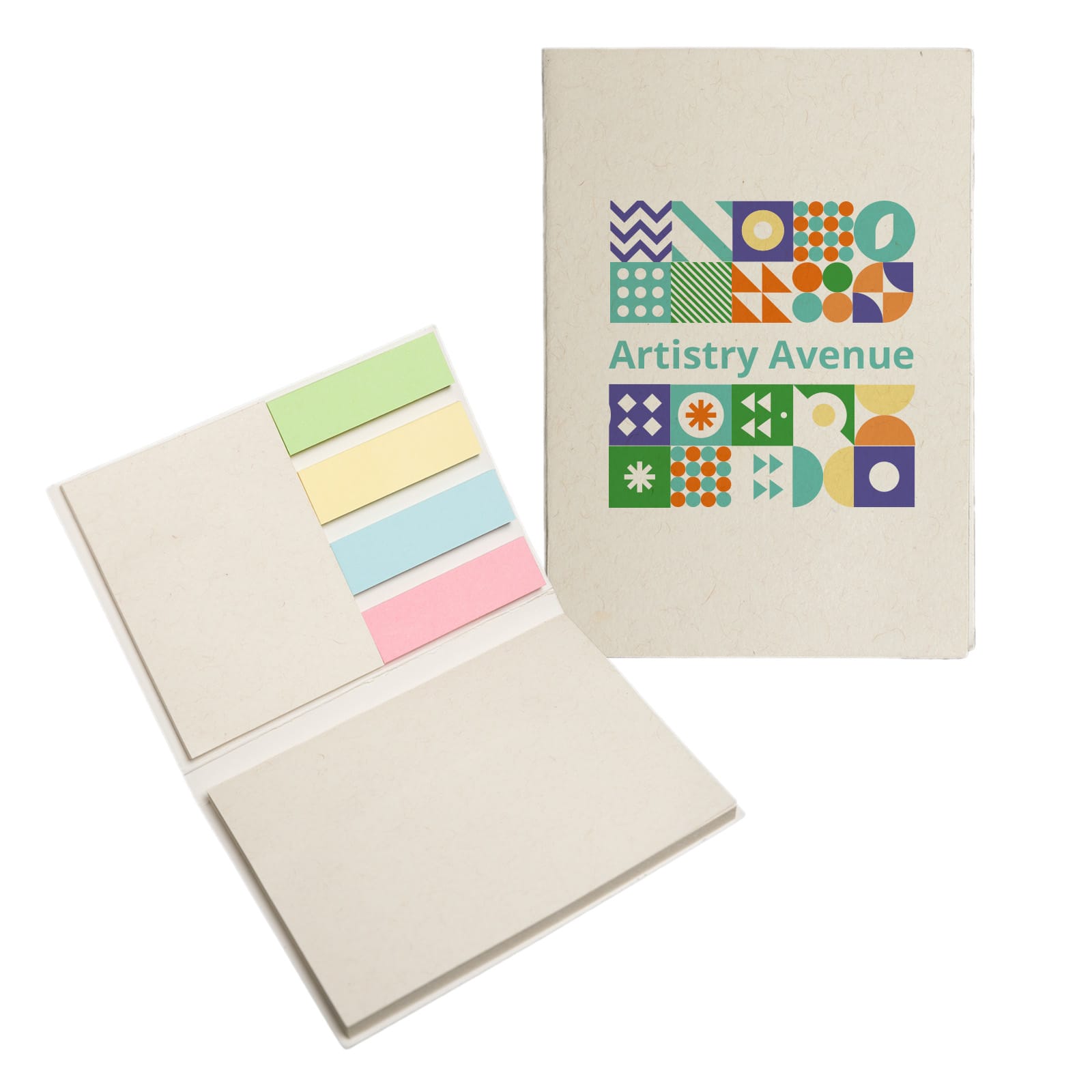 A booklet featuring sticky notes in pastel colors with a patterned cover and a logo. Spirit Sticky Note Booklet - Image 1