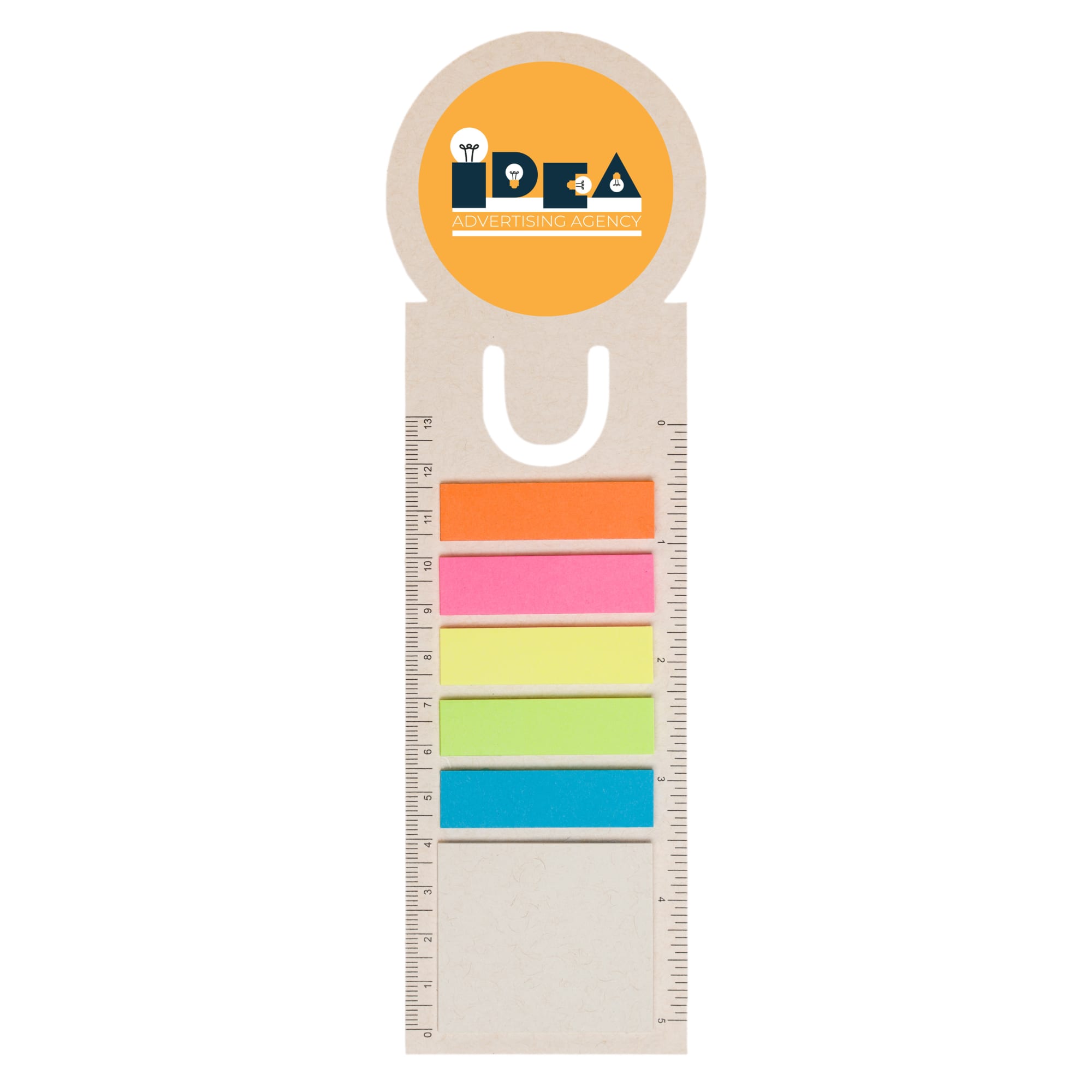 A bookmark shaped like a milk carton, featuring multicolored sticky notes and a circular logo at the top. Circle Milk Carton Bookmark - Image 1