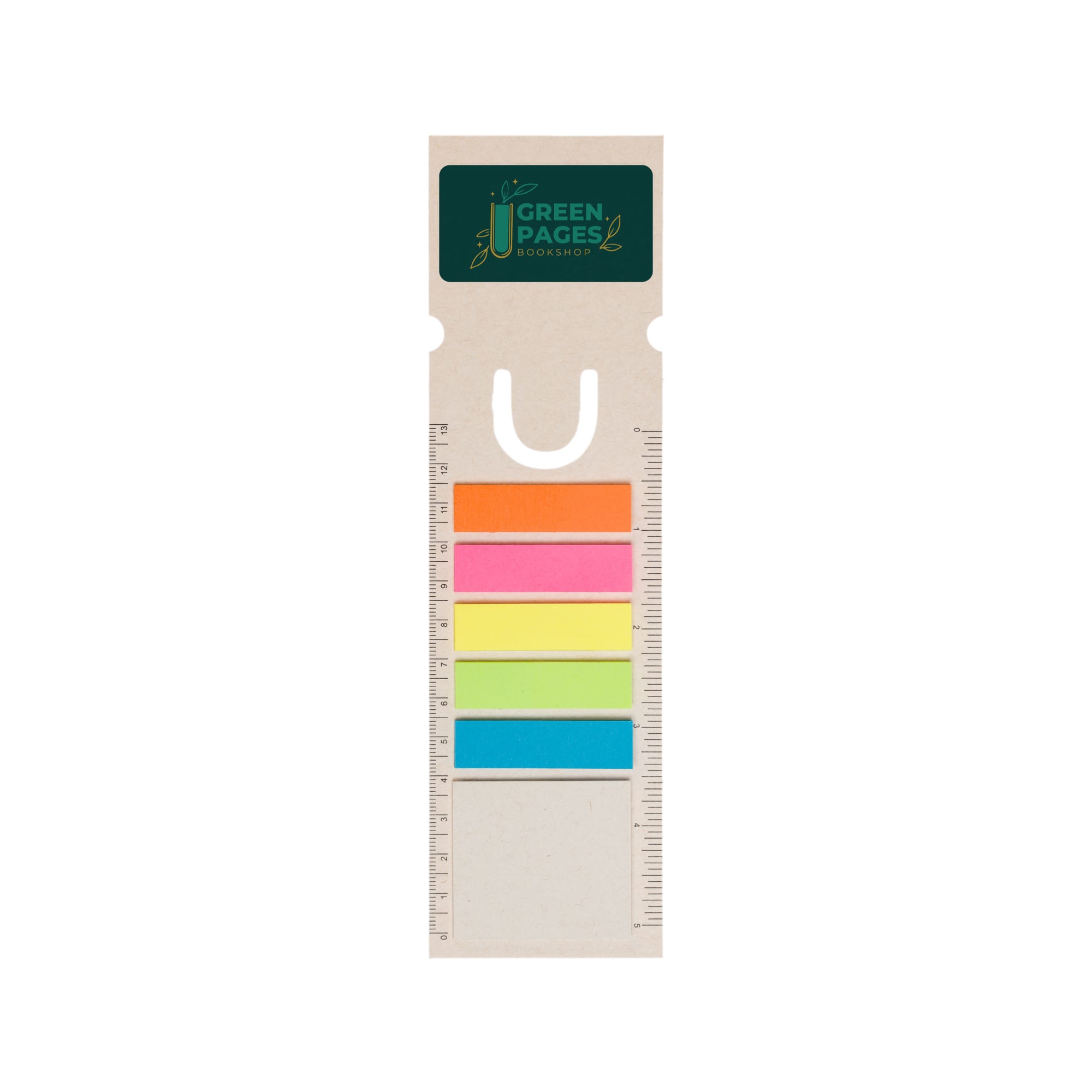 A rectangular bookmark with a ruler, featuring five colourful sticky tabs in pink, yellow, green, and blue, and a logo. Rectangle Milk Carton Bookmark - Image 1