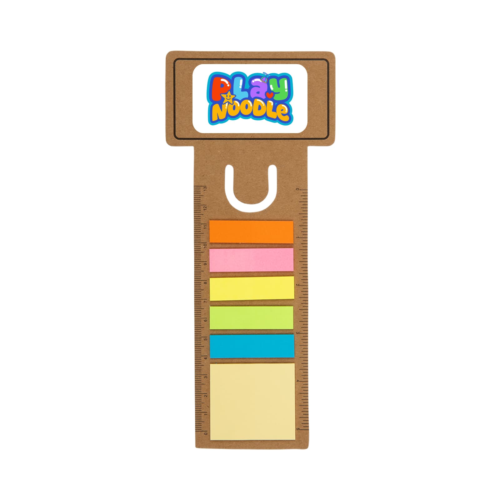 A brown business card bookmark features a ruler design and colourful sticky note flags. Includes a logo at the top. Business Card Bookmark / Noteflag Ruler - Image 1