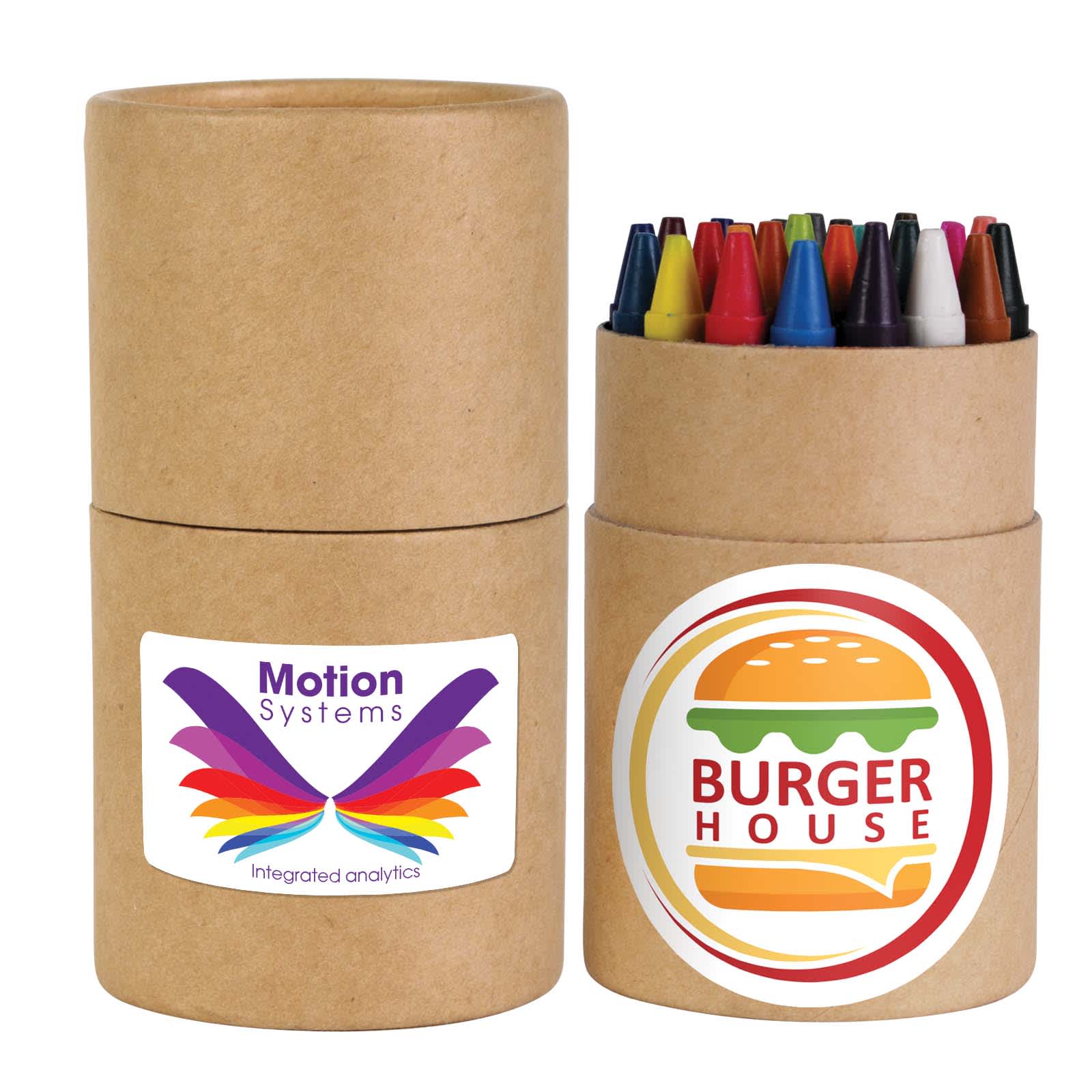 A cylindrical container holds a set of colorful crayon-like writing instruments, with a logo on the side. Da Vinci Crayon Set - Image 1