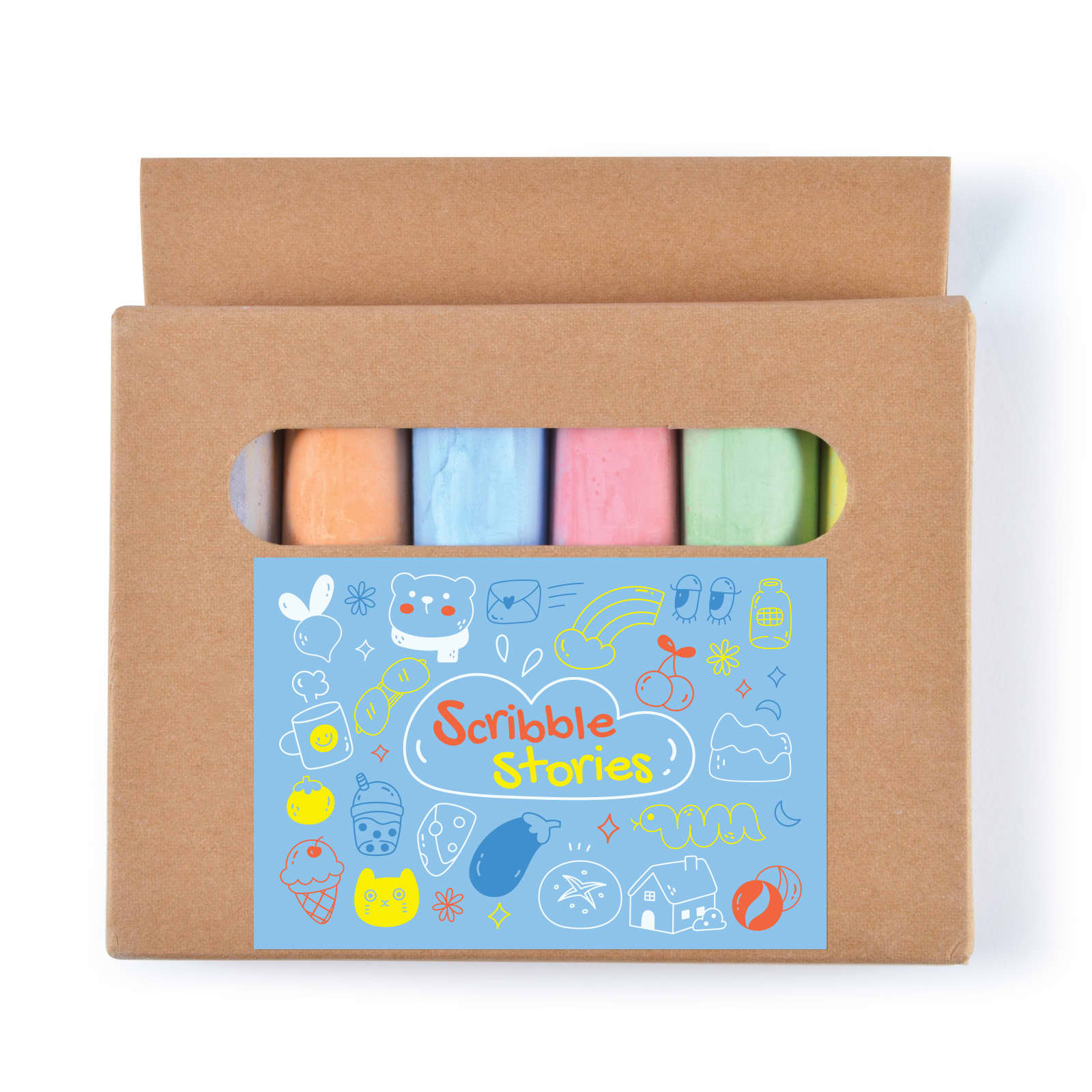 A box containing four pieces of pastel-colored chalk in pink, blue, green, and yellow, with a logo on the packaging. Sketch Pavement Chalk - Image 1