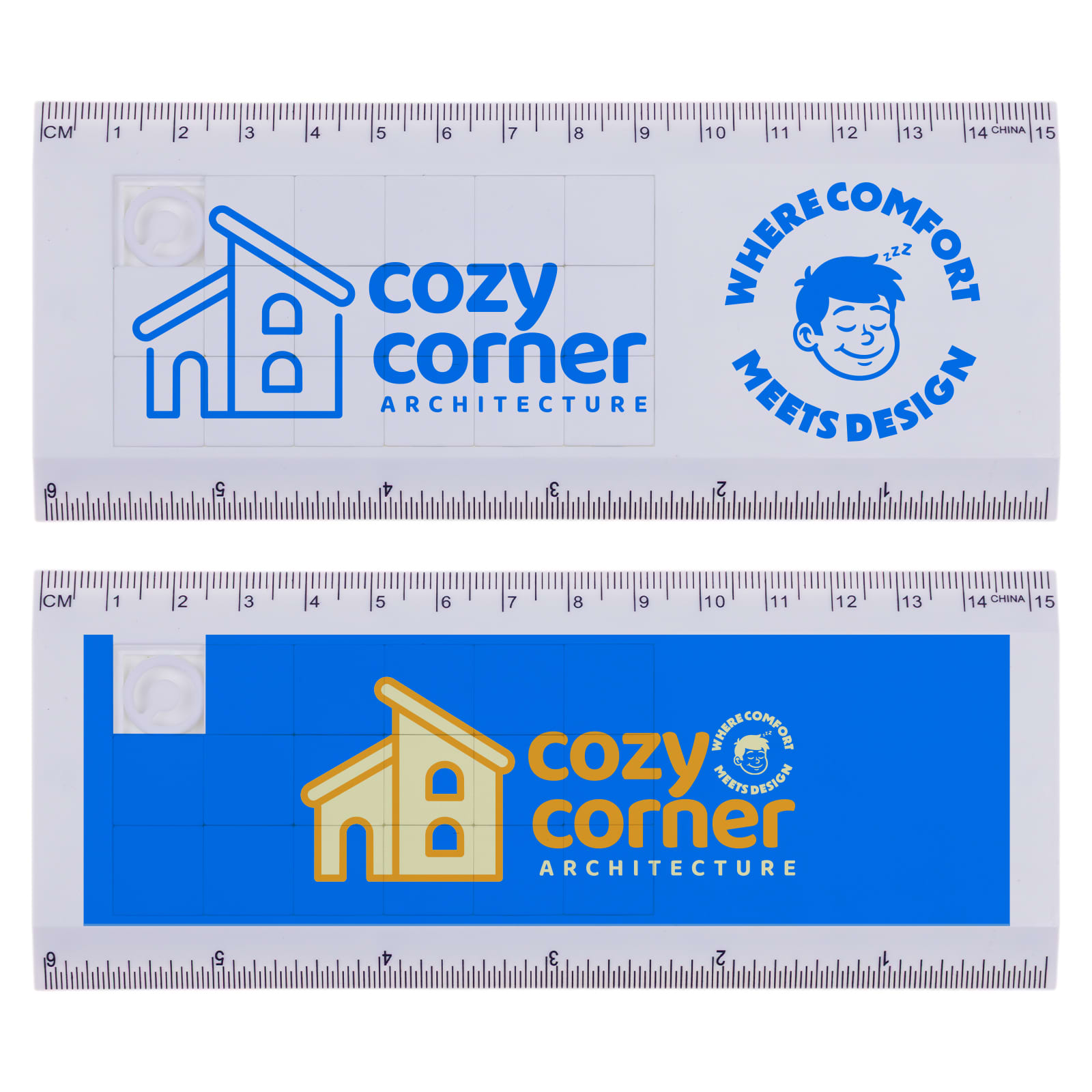 A promotional tile ruler puzzle in white and blue featuring a logo and grid pattern, with a playful graphic design. Amaze Tile Ruler Puzzle - Image 1