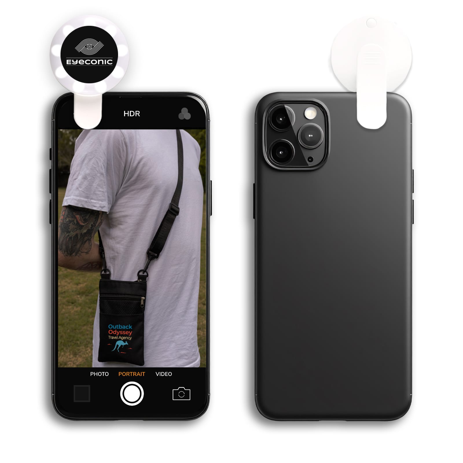 A black smartphone is displayed with an attached LED selfie light. The phone has a photo of a person wearing a bag. Starz LED Selfie Light - Image 1