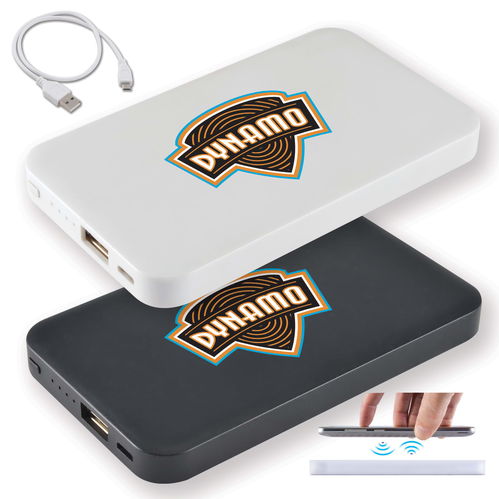 A white and black wireless power bank with a logo, accompanied by a USB charging cable. Dynamo Wireless Power Bank - Image 1