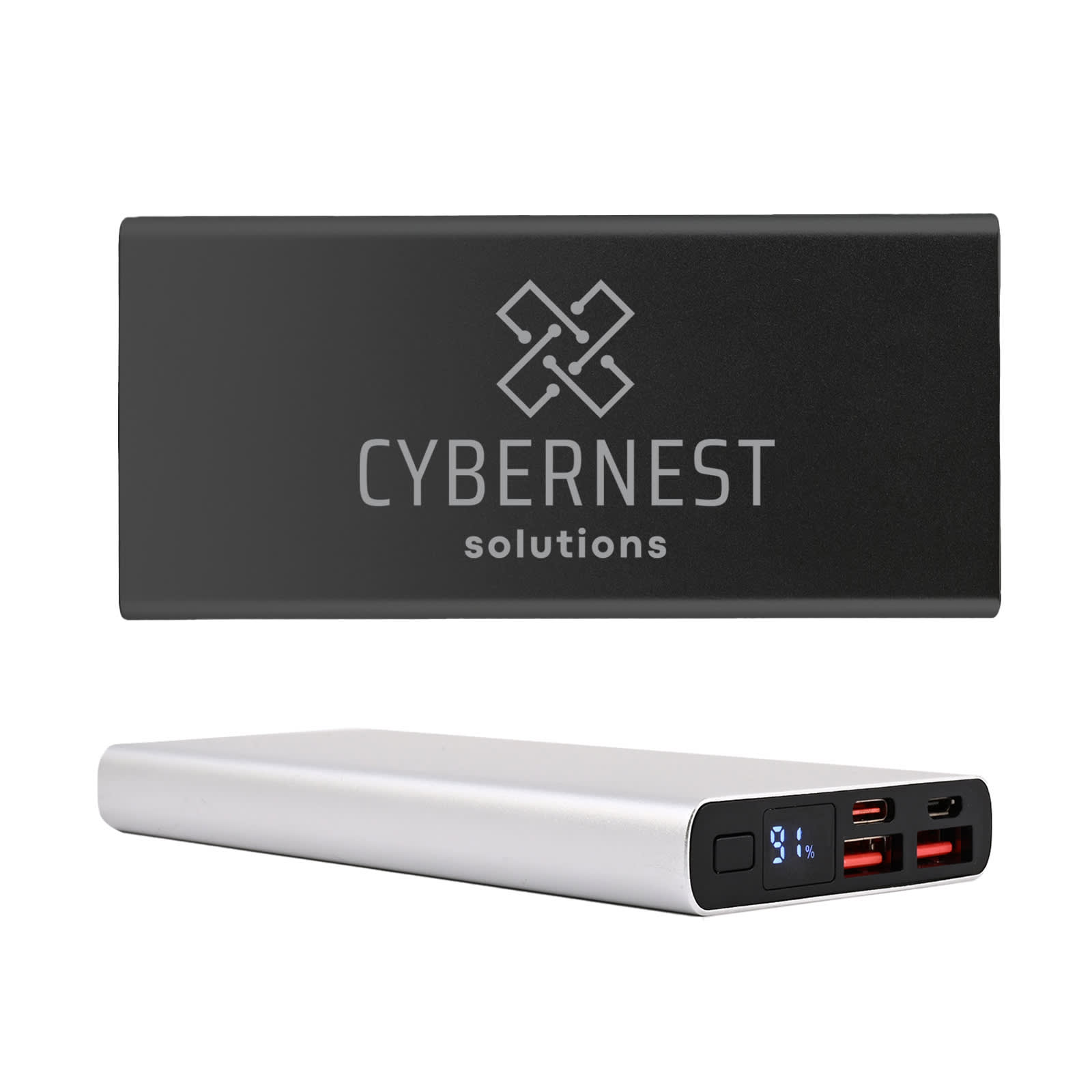 A sleek power bank in black and silver, featuring multiple USB ports and a digital display. Includes a logo. Leopard Power Bank - Image 1