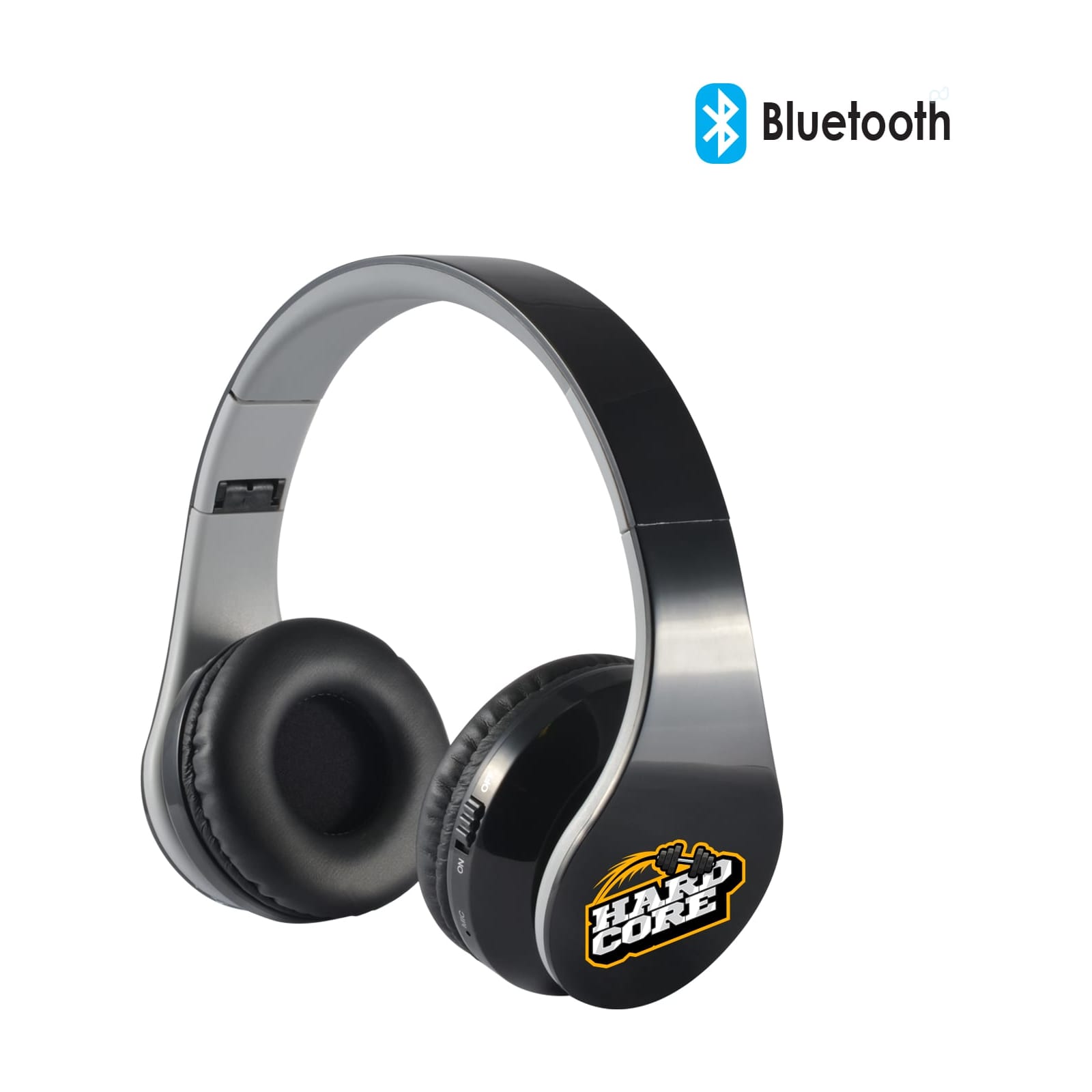 Bluetooth headphones in sleek black with padded ear cups and a glossy finish. Includes a logo on one ear cup. Hyper Bluetooth Headphones in EVA Zipper Case - Image 1