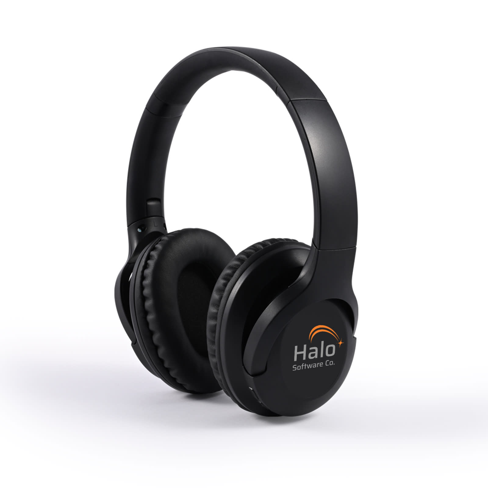 A pair of black ANC headphones with a logo on one earcup, featuring cushioned ear pads and a sleek design. Equinox ANC Headphones In Case - Image 1
