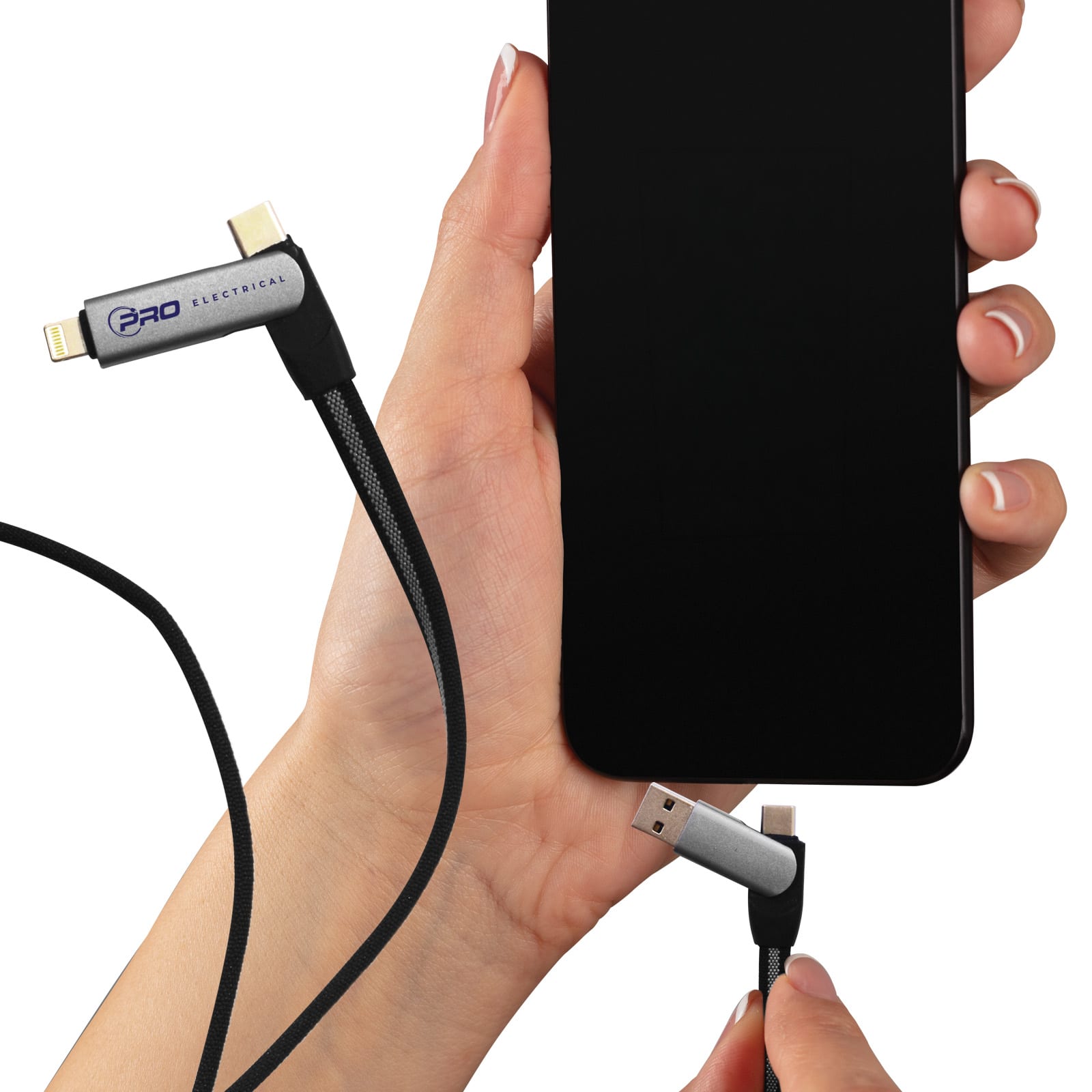 A hand holds a Volt Combo Cable with multiple connectors, plugging into a smartphone. The cable features a sleek design and a logo. Volt Combo Cable - Image 1