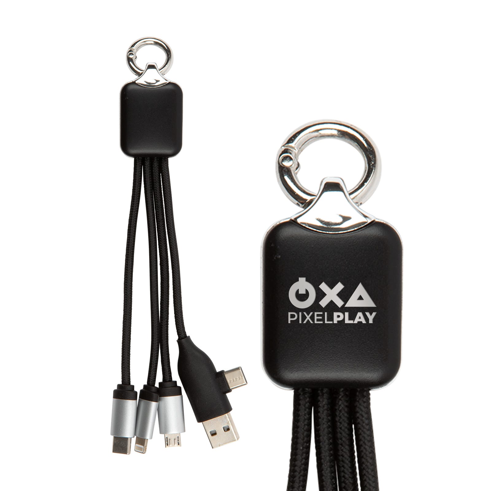 A black charging cable set with multiple connectors, featuring a keyring attachment and a logo. Kinetic Square Glow Cable - Image 1