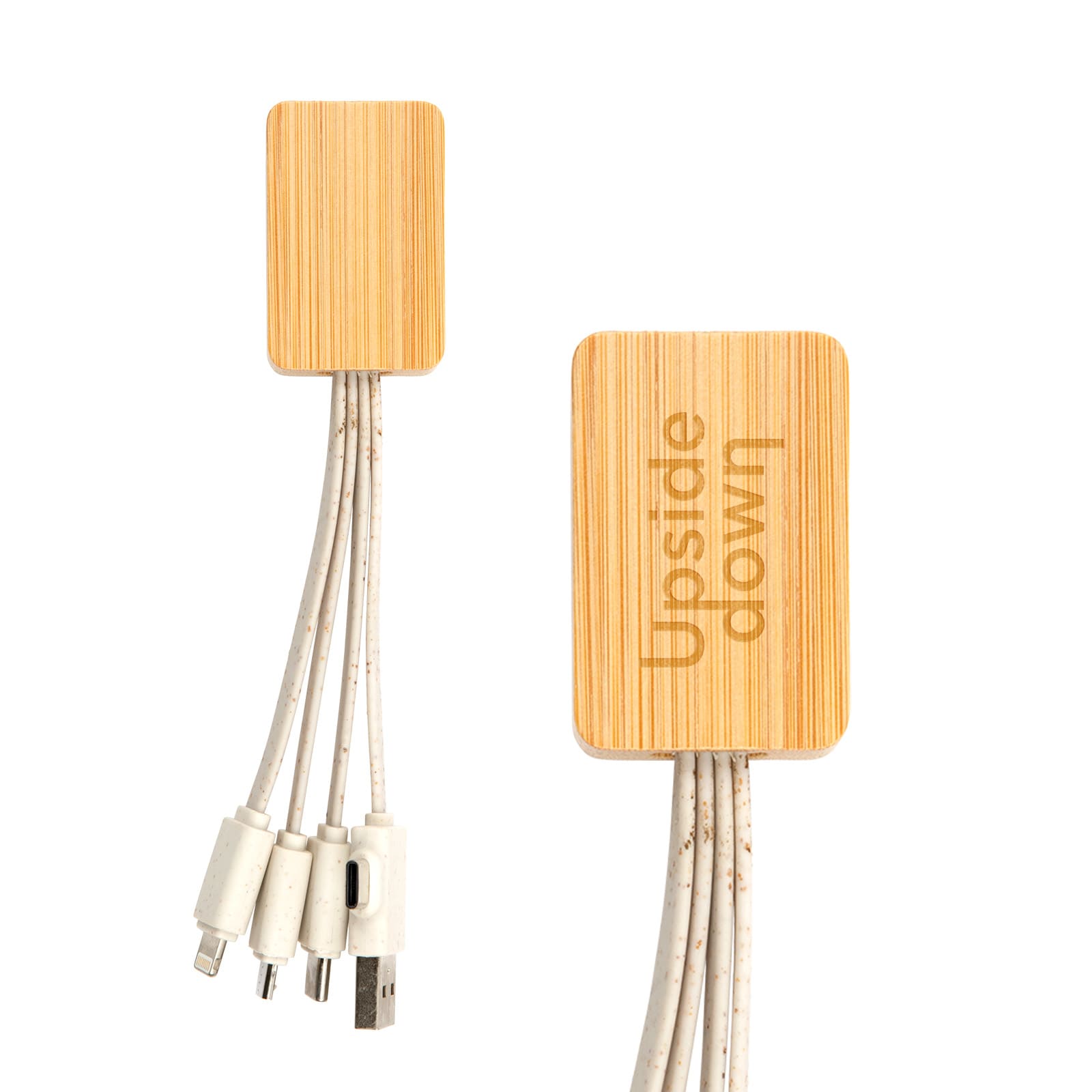 A bamboo charging cable organiser in natural wood tones with multiple white charging connectors. It features a logo. Sprite Square Bamboo Charging Cable - Image 1