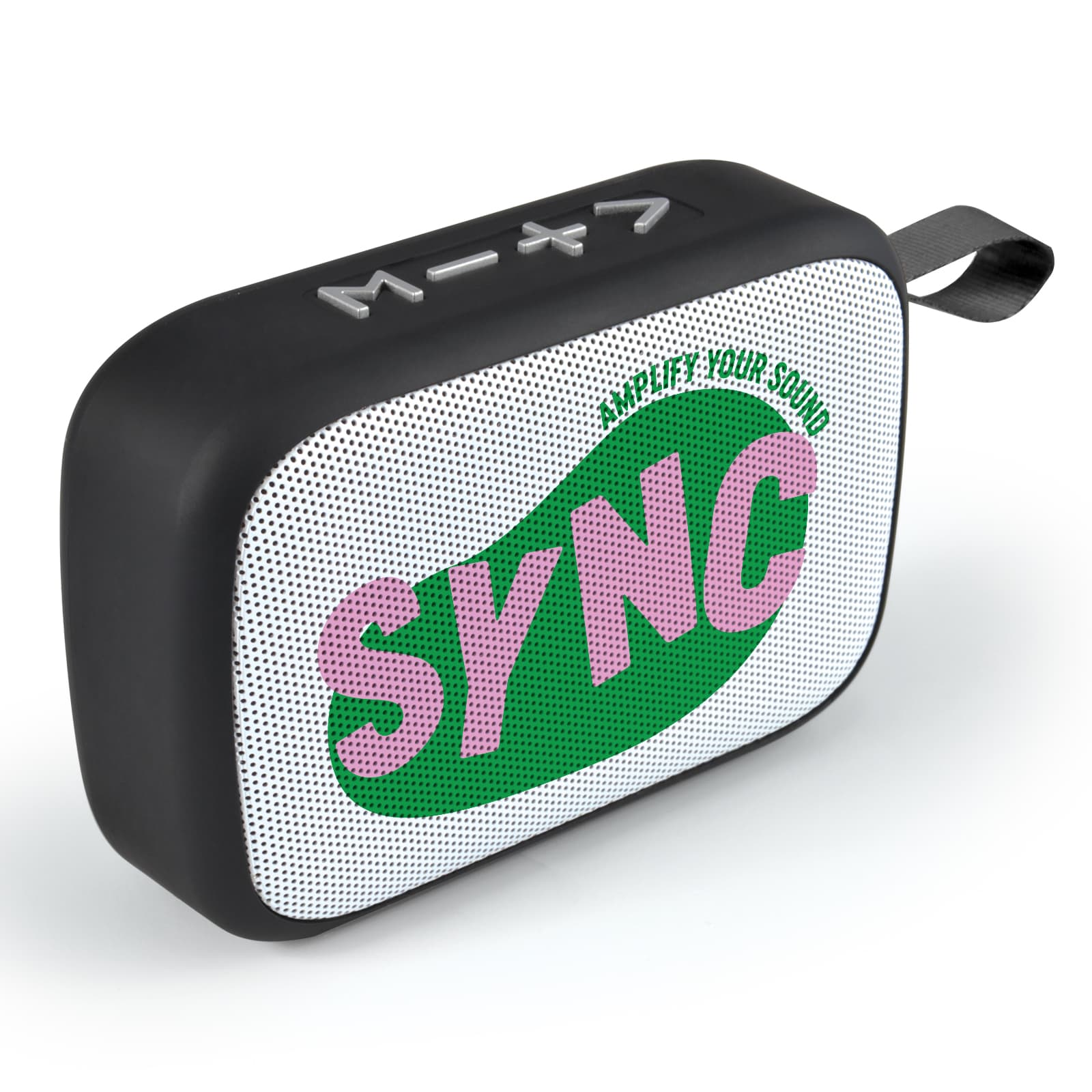 A black portable speaker with mesh design and a colourful logo, featuring a carrying strap. Jive Speaker - Image 1