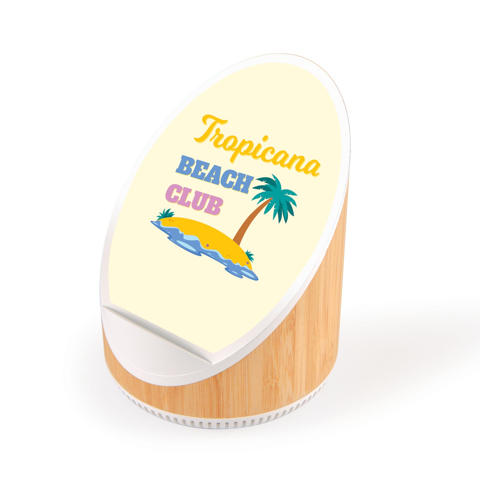 A wireless speaker and charger in white and bamboo finish with a vibrant beach-themed design featuring a palm tree. Fresco Speaker & Wireless Charger - Image 1