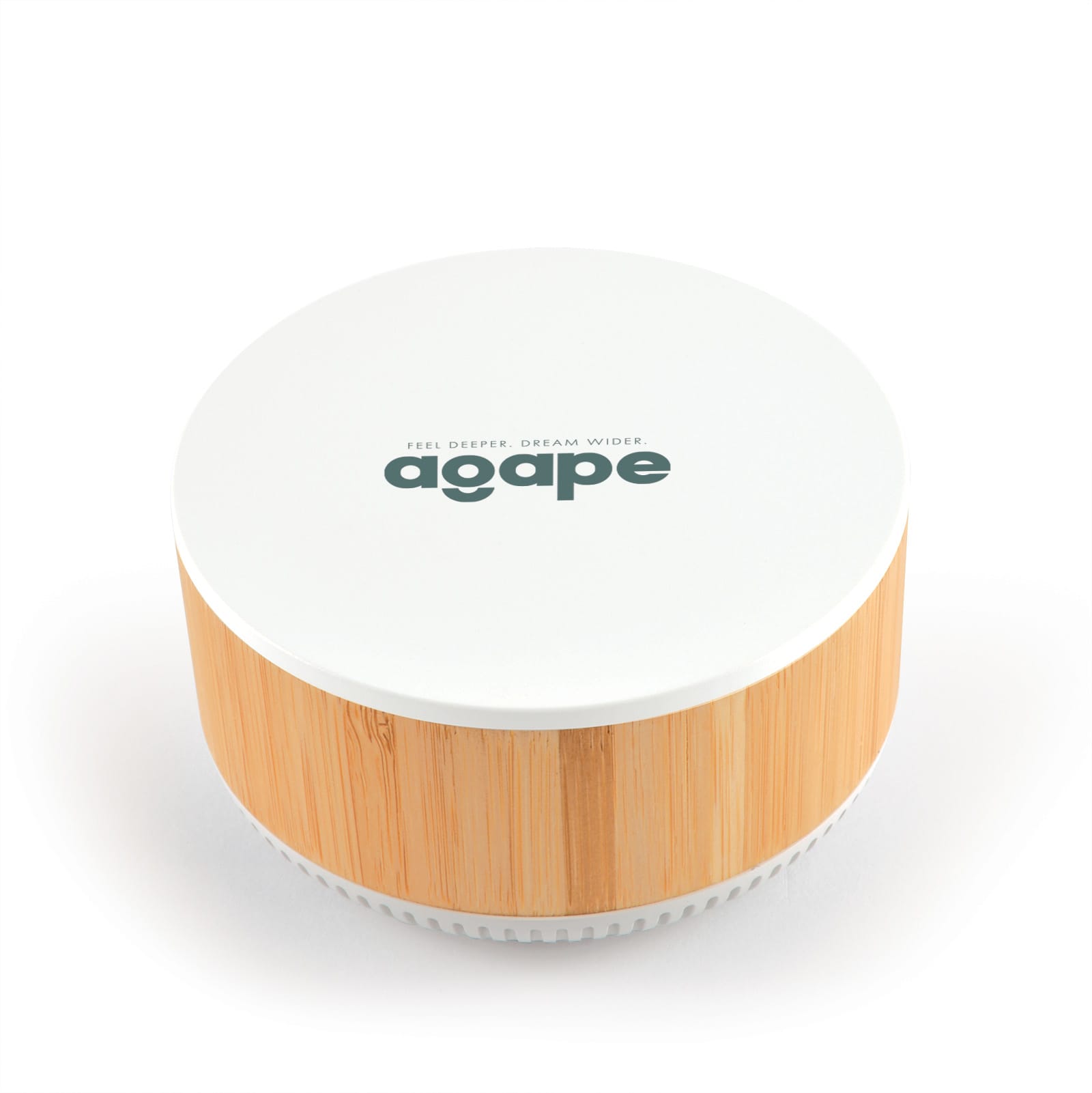 A round speaker and wireless charger in white and bamboo, featuring a logo on the top. Typhoon Speaker & Wireless Charger - Image 1
