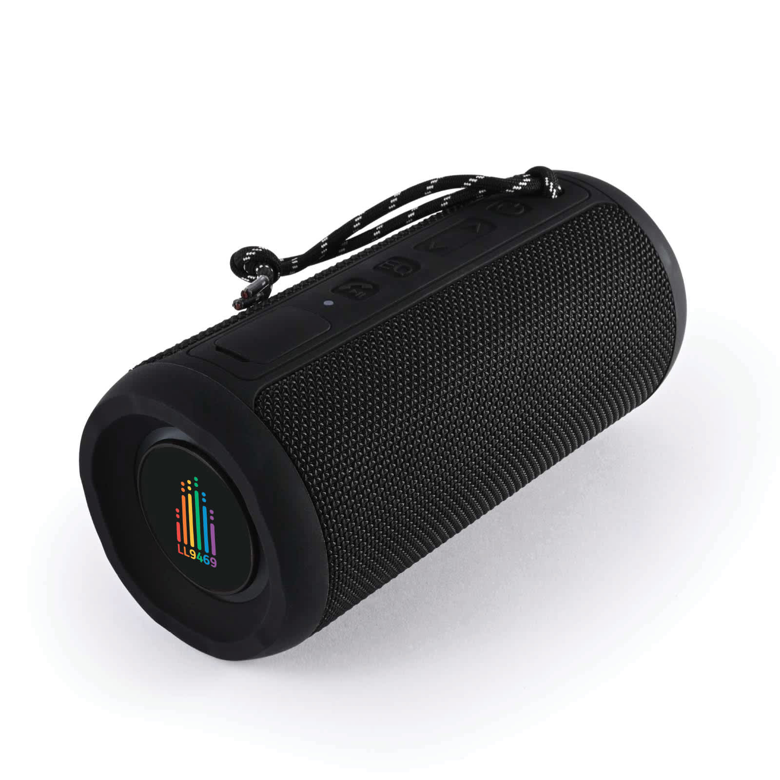 A black and textured cylindrical Bluetooth speaker with a carry strap and a logo on the front. Neon Bluetooth Speaker - Image 1
