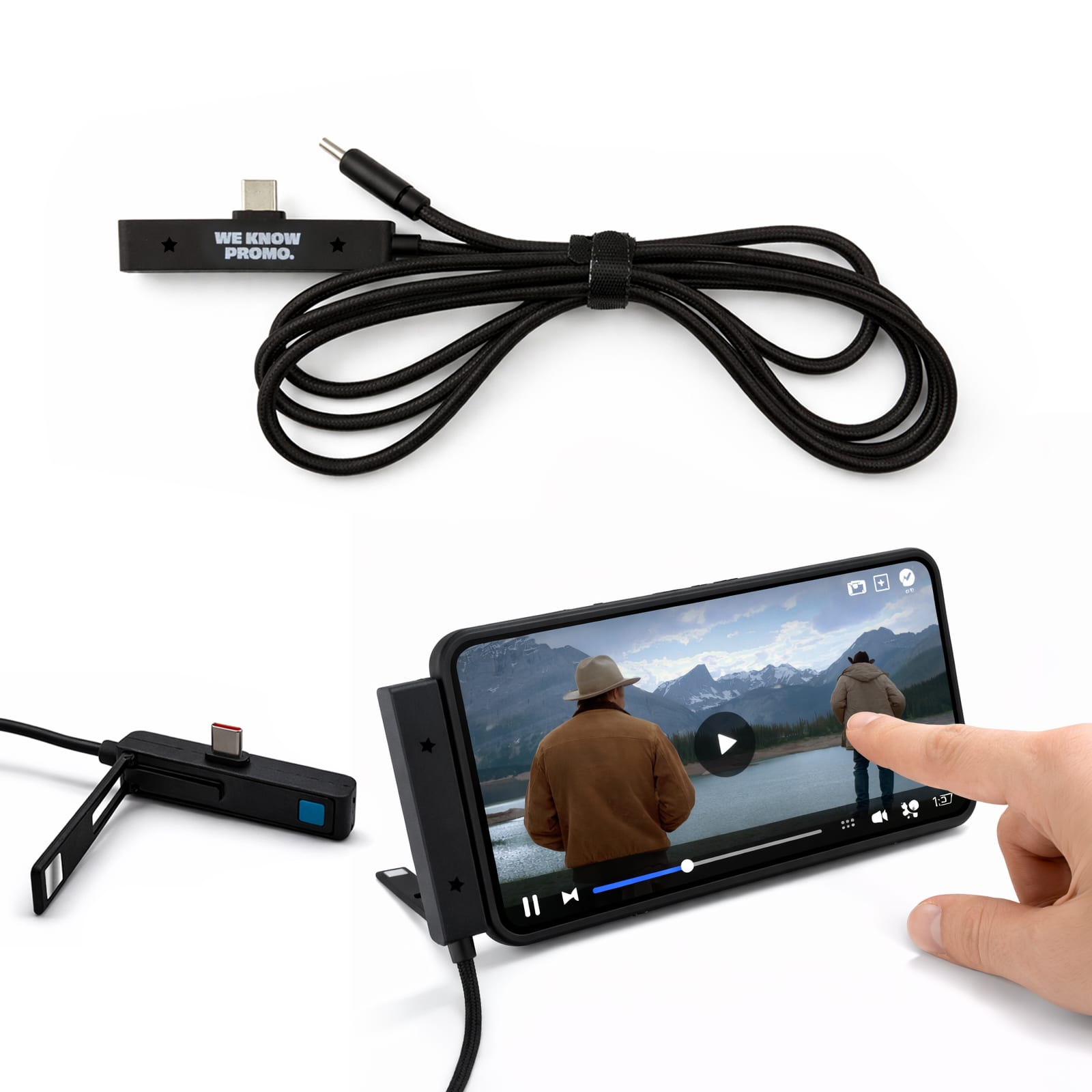 A black charging cable with multiple connectors and a USB port, alongside a smartphone displaying a video. Ultra Power Cable - Image 1