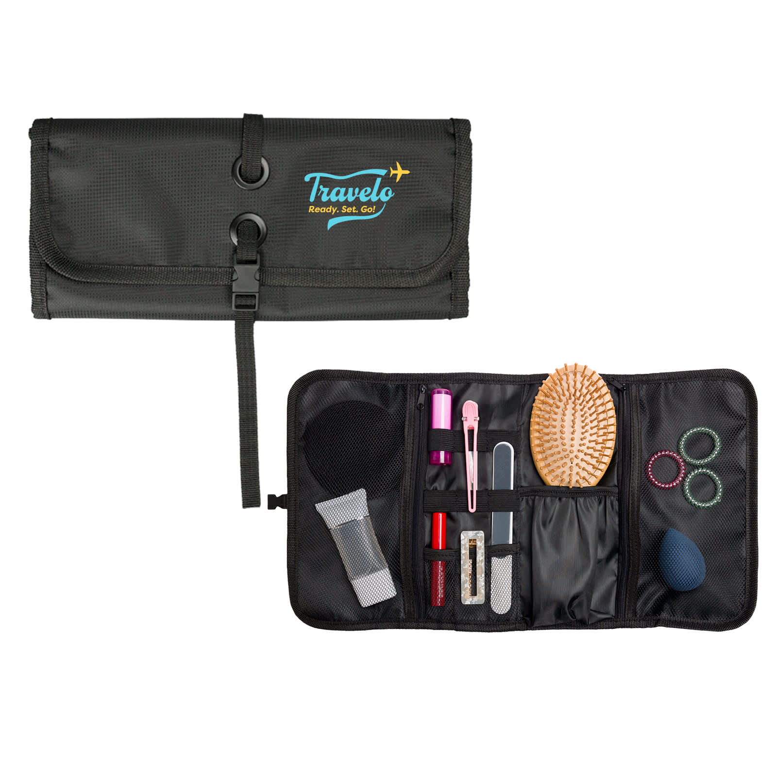 A dark green toiletry organiser featuring a brush, lip products, hair ties, and compartments for cosmetics. Includes a logo. Stow Organiser - Image 1