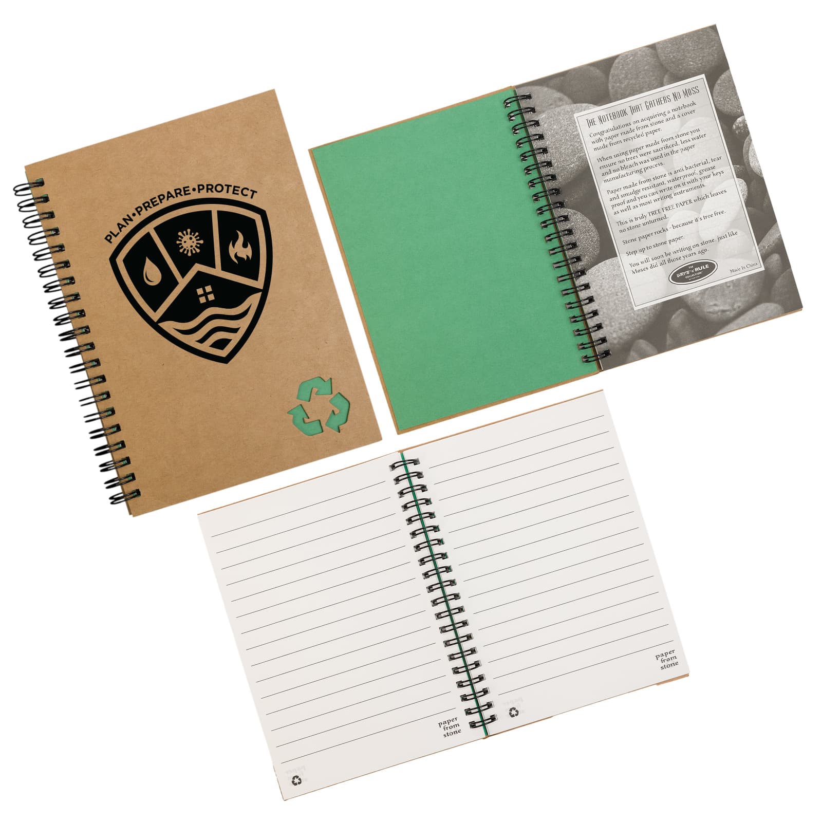 A stone paper notebook with a brown cover, spiral binding, and green interior pages. Features a logo. Stone Paper Notebook - Image 1