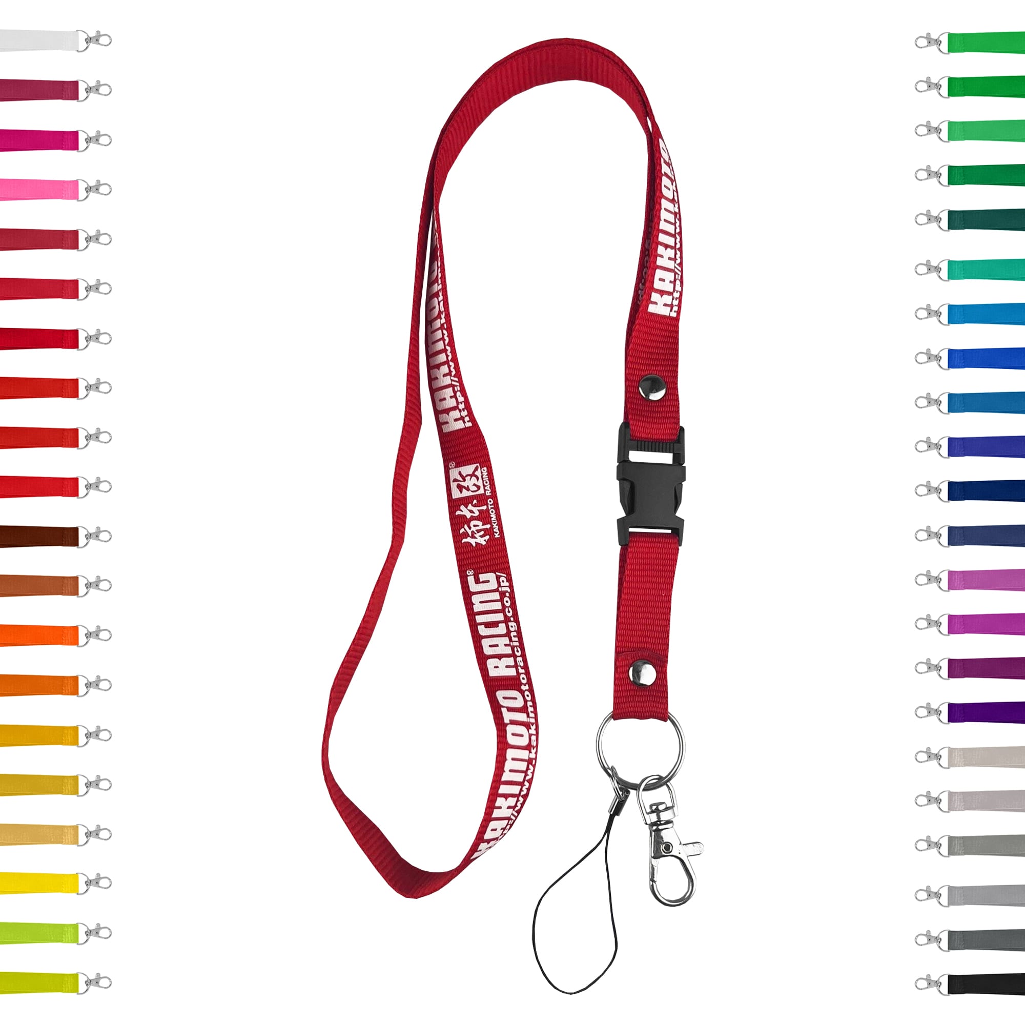 Red polyester lanyard with a clip, featuring various colour options displayed on either side. Polyester Lanyards – 10mm - Image 1