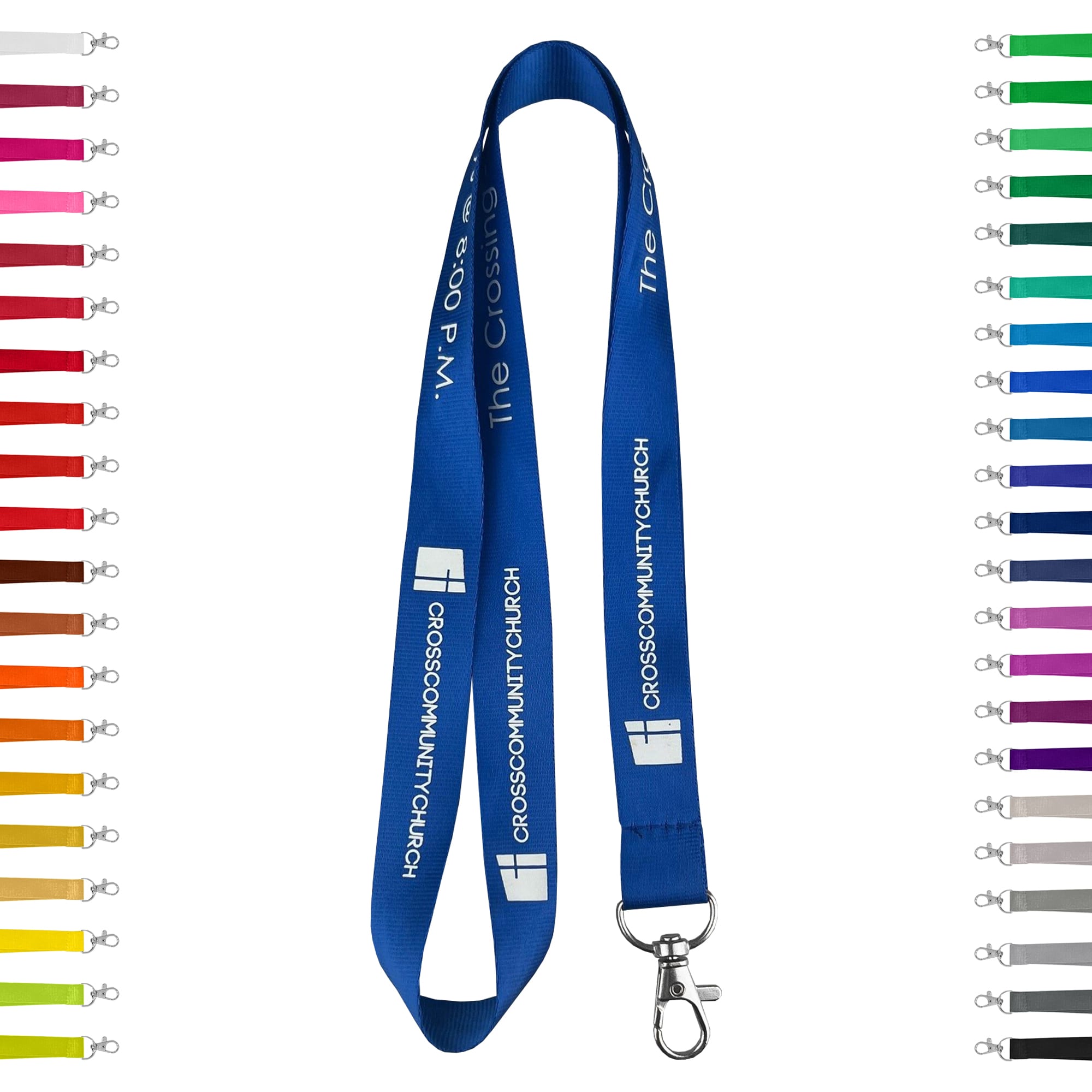A blue nylon lanyard, 25mm wide, featuring a silver clip and various colour options displayed on the sides. Nylon Lanyards – 25mm - Image 1