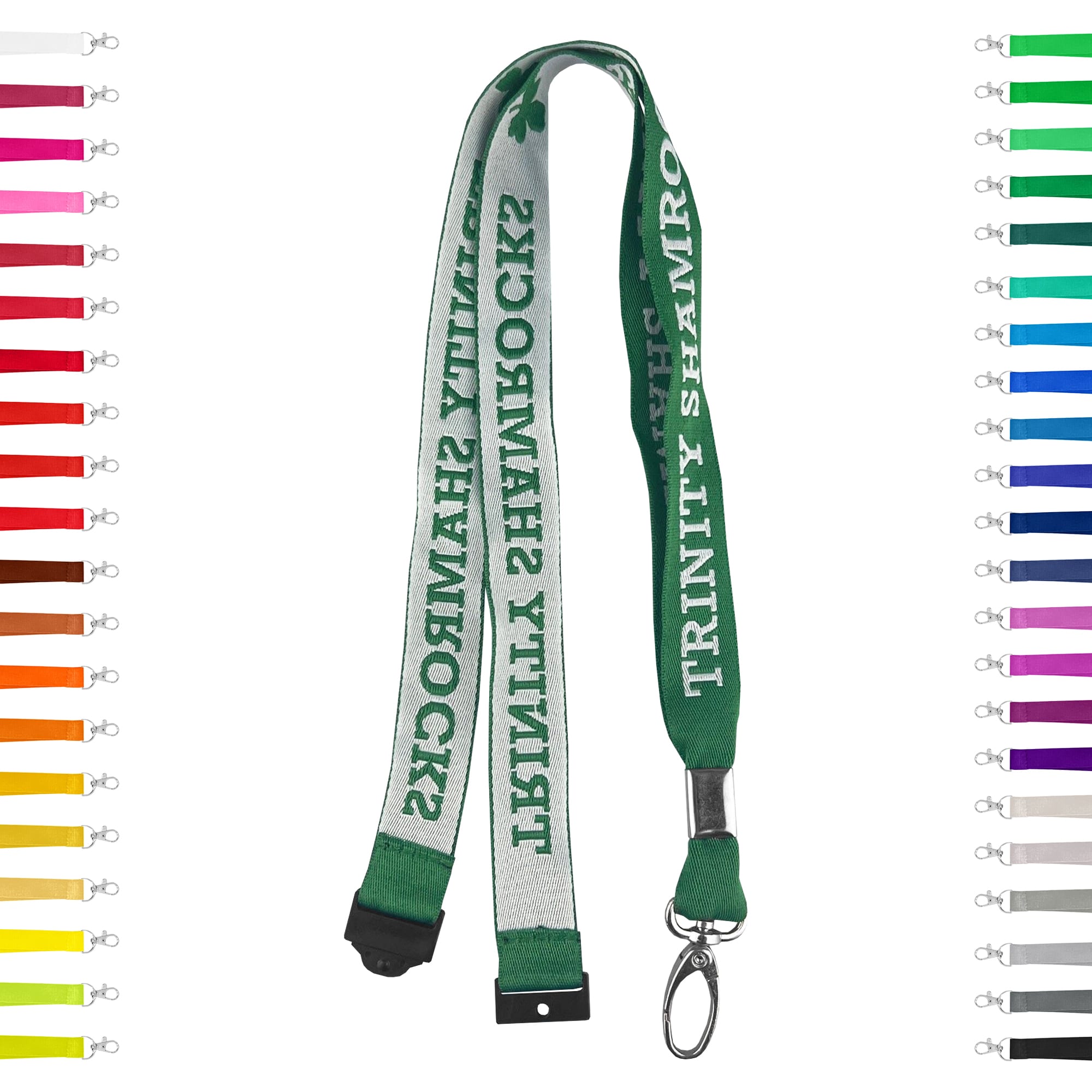 A green woven lanyard with a logo, featuring a clasp and surrounded by various colour options. Woven Lanyards – 20mm - Image 1